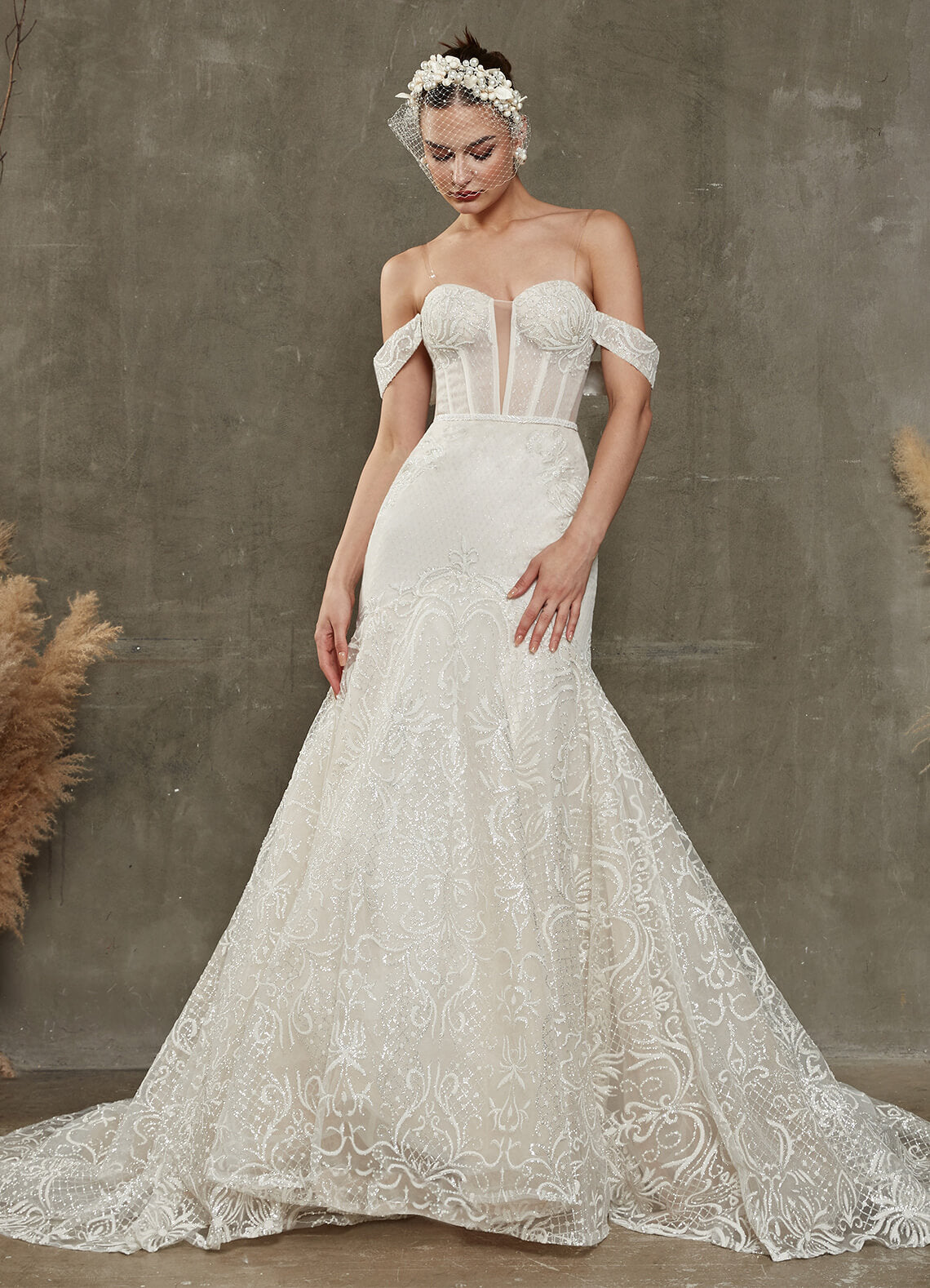 Elegant White Convertible Mermaid Wedding Dress with Sparkling Diamonds & Cathedral Train – Perfect for Bridal, Prom, and Formal Occasions