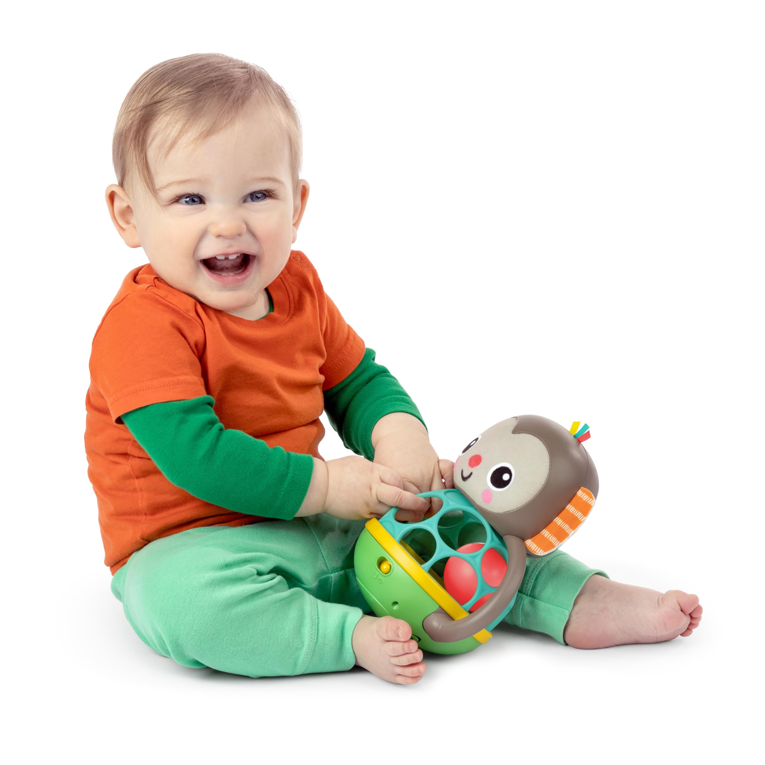 Bright Starts Grab & Giggle Musical Light-Up Monkey Rattle Toy with Easy-Grip Oball - Interactive Baby Toy for 6+ Months - Perfect for Tummy Time, Sensory Play & Early Development