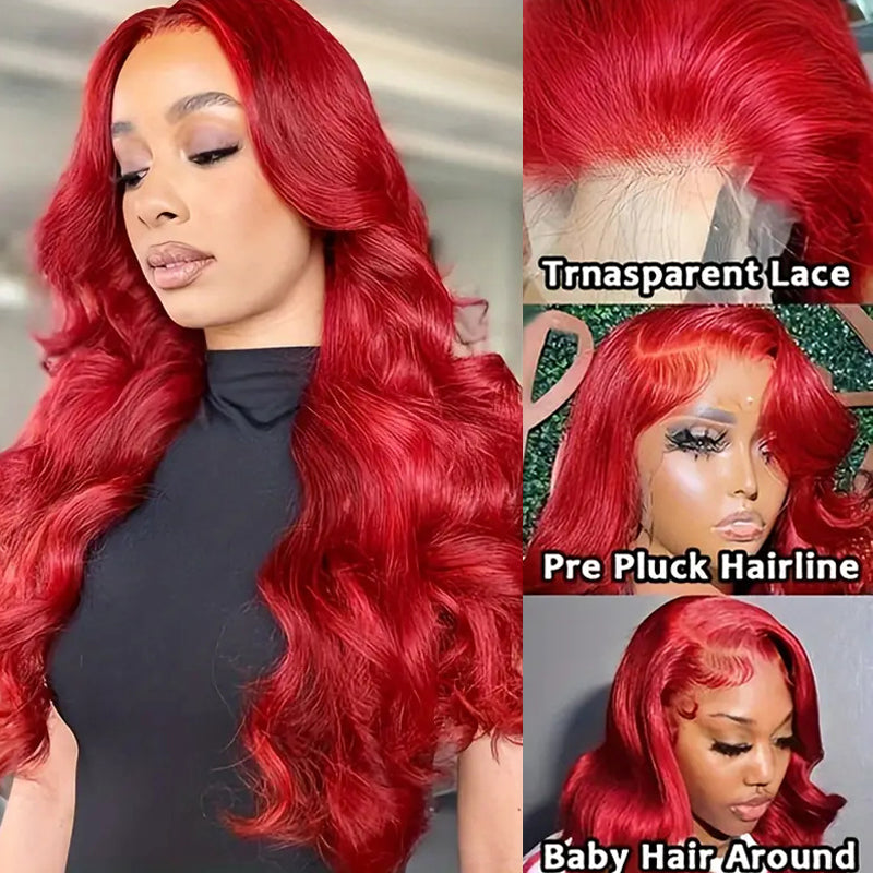 Eullair Nicki Minaj Inspired Red Straight/Body/Deep Wave Human Hair Lace Frontal Wig for Women with Pre-Plucked Hairline - Perfect for Cosplay, Parties & Daily Wear