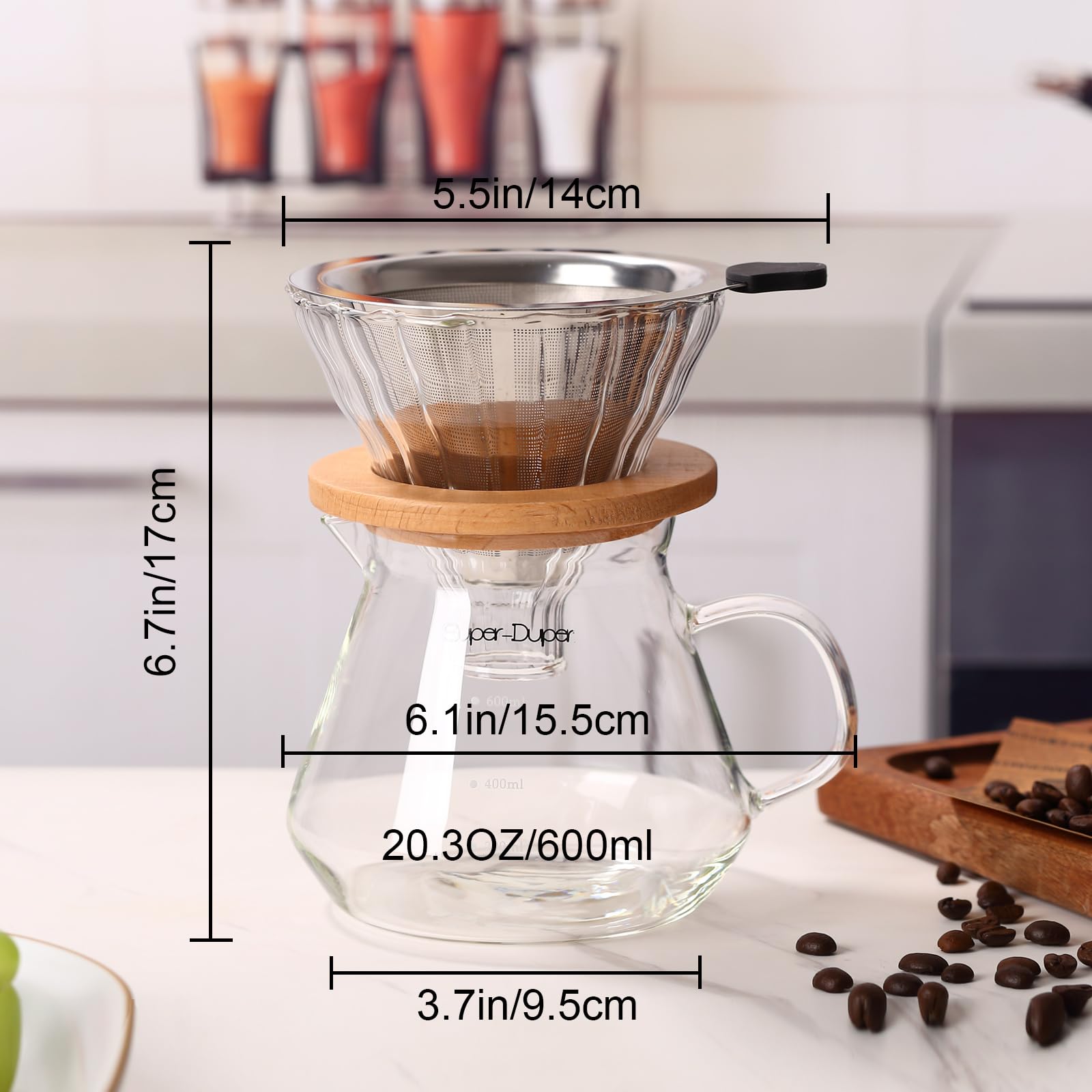 Premium 600ml Glass Coffee Maker - High Borosilicate Glass with Stainless Steel Filter - Manual Pour Over Coffee Carafe (Non-Electric) - Perfect for Home Brewing, Office Use & Camping Trips