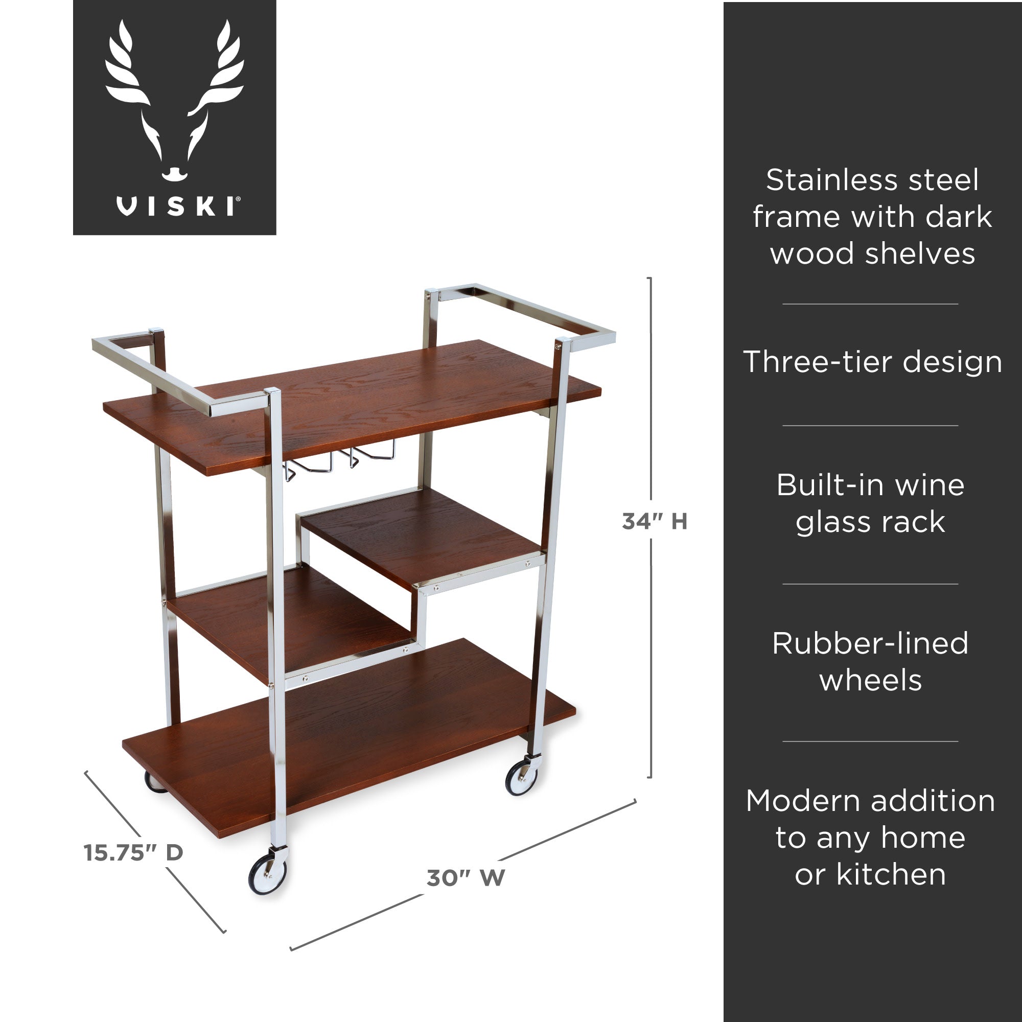 Harrison Bar Cart - Modern Rolling Serving Cart with Wheels for Home, Kitchen, Bar & Party | Perfect for Cocktails, Wine Storage & Living Room Decor