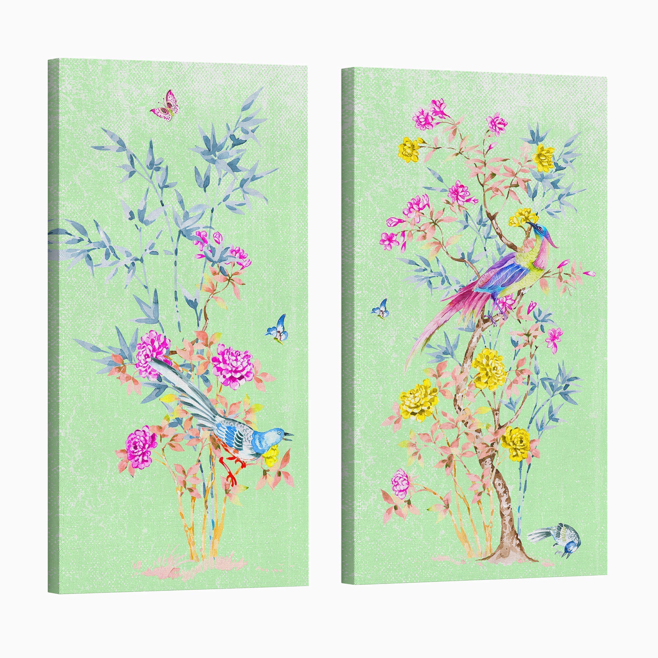 Set of 2 Modern Chinoiserie Wall Art Canvas Prints - Asian Inspired Home Decor for Living Room, Bedroom & Office - Ready to Hang Diptych Wall Paintings