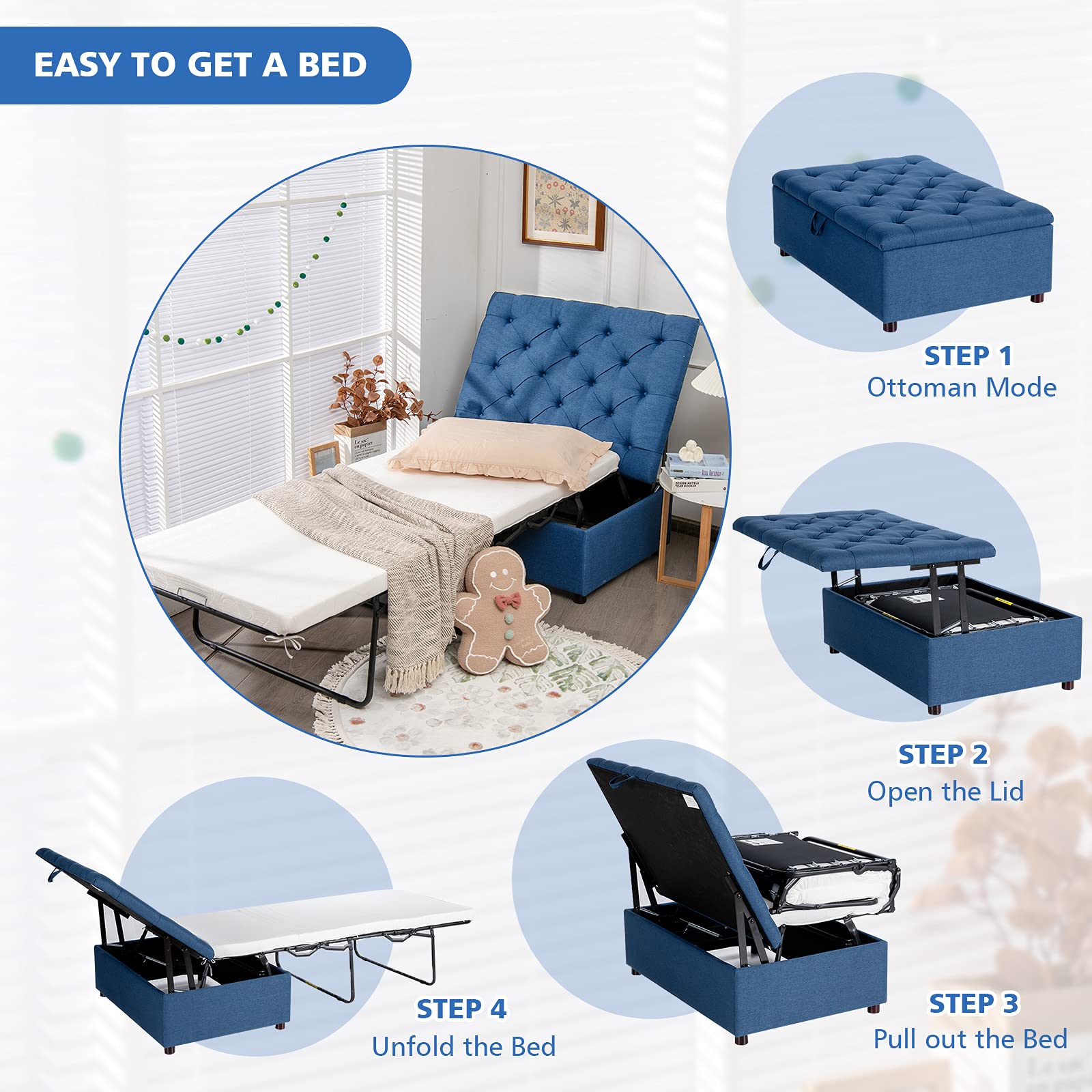 Giantex Ottoman Folding Bed with Mattress - Convertible Chair to Sofa Bed, Steel Frame Sleeper Couch for Guest & Lounge - Dual Use Living Room, Bedroom & Office Furniture (Blue) | Perfect for Small Spaces, Overnight Guests & Multi-Functional Furniture Needs