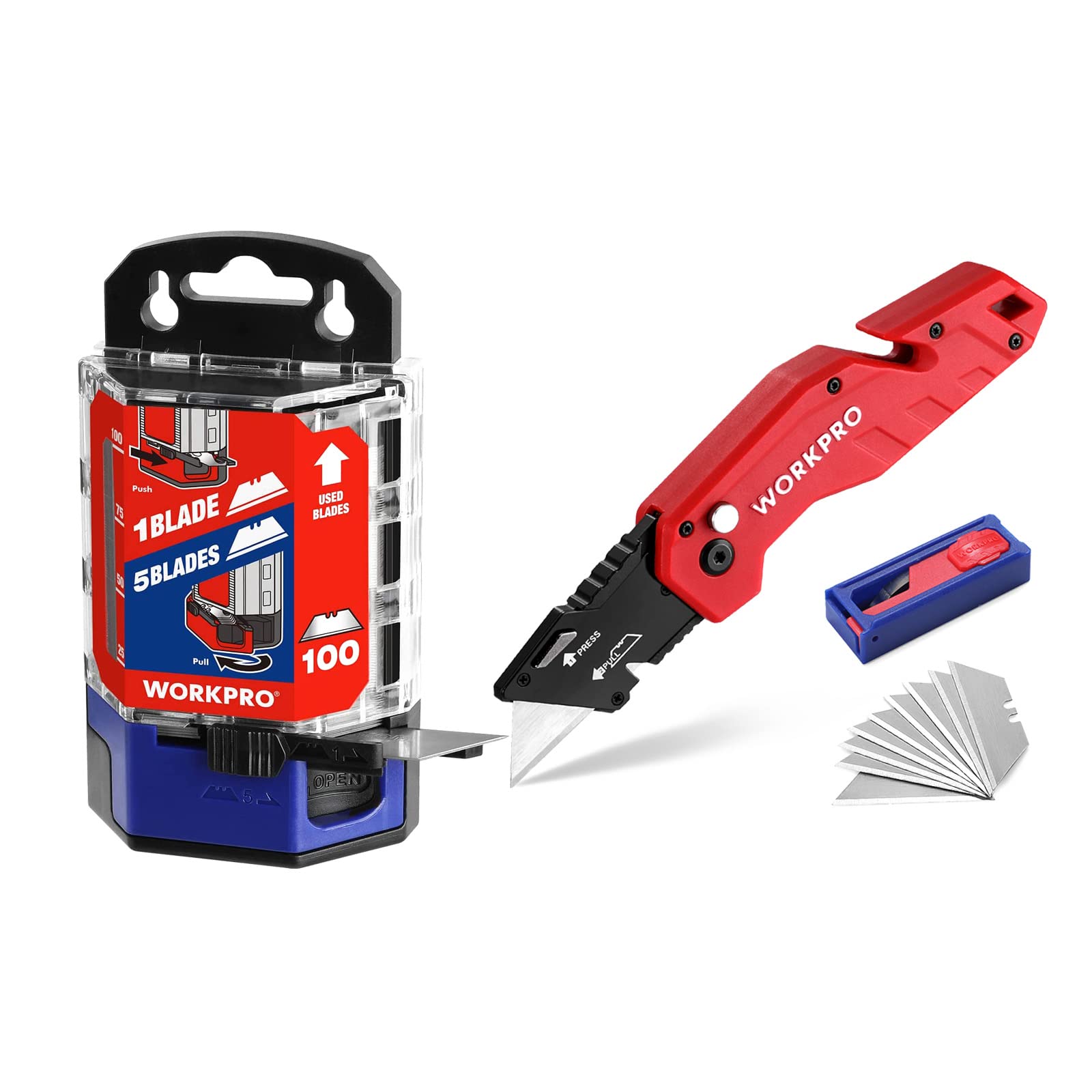 WORKPRO 100-Pack SK5 Utility Knife Blades & Folding Utility Knife (Red) - Heavy Duty Replacement Blades for Box Cutting, Crafting, Construction, and DIY Projects
