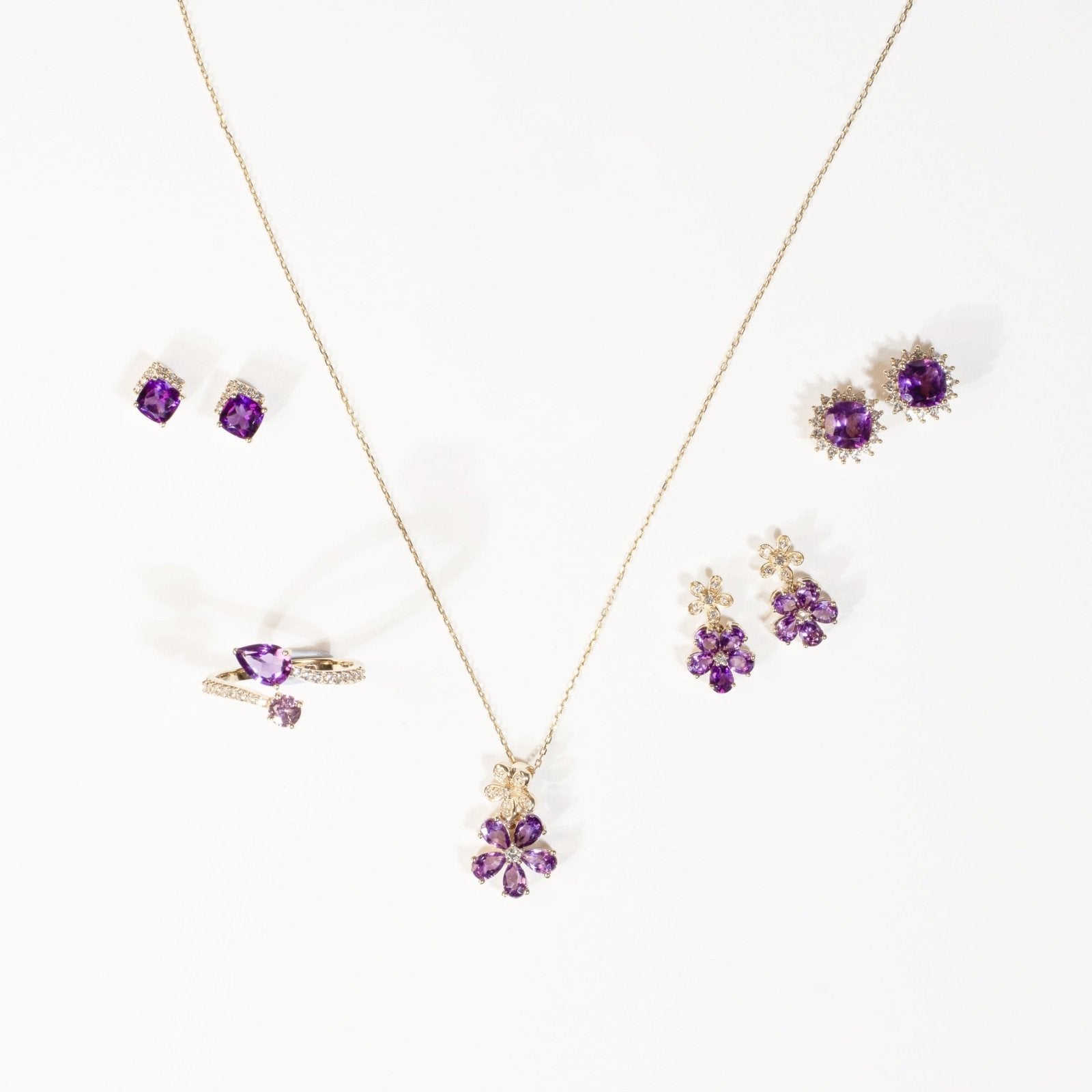 10k Yellow Gold Amethyst & White Sapphire Double Flower Drop Stud Earrings for Women – Elegant Jewelry Gift for Birthday, Anniversary & Special Occasions
