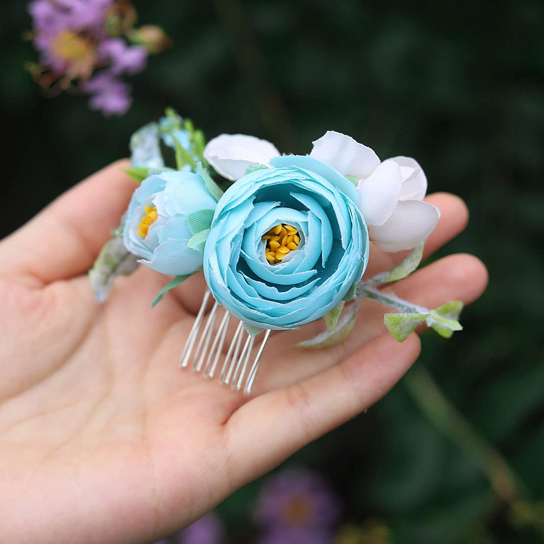 Fangsen Silver Rose Wedding Hair Comb - Bridal Floral Hair Clip for Women & Girls (Blue) | Perfect for Weddings, Prom, Parties & Special Occasions