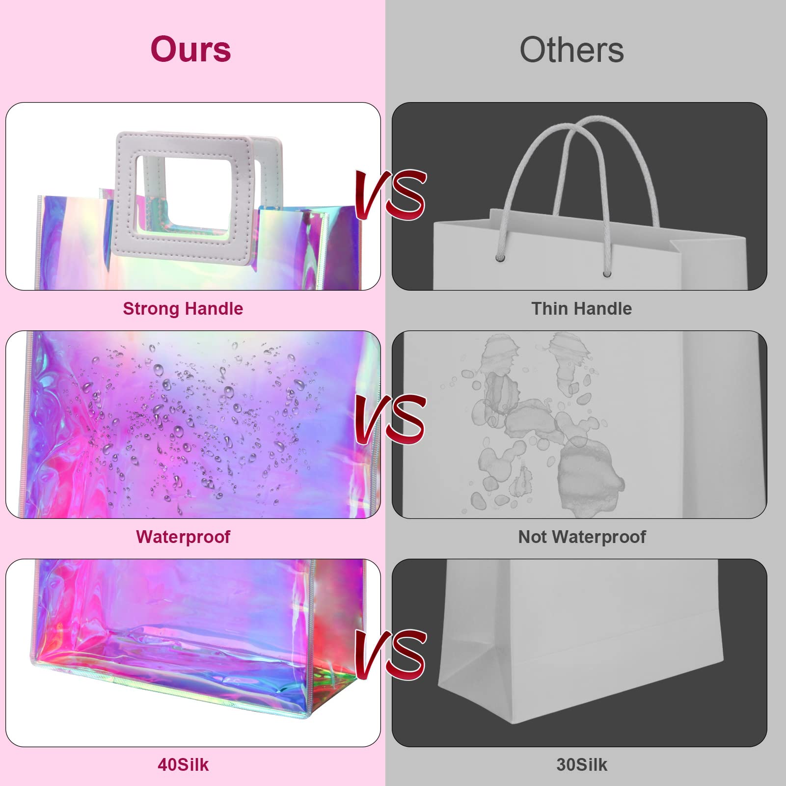 6-Pack Holographic Reusable Gift Bags - Medium Clear Party Bags with Handles (8.5x8.1x4.1 Inches) for Christmas, Birthday & Special Occasions - Elegant Gift Packaging for Women & Girls