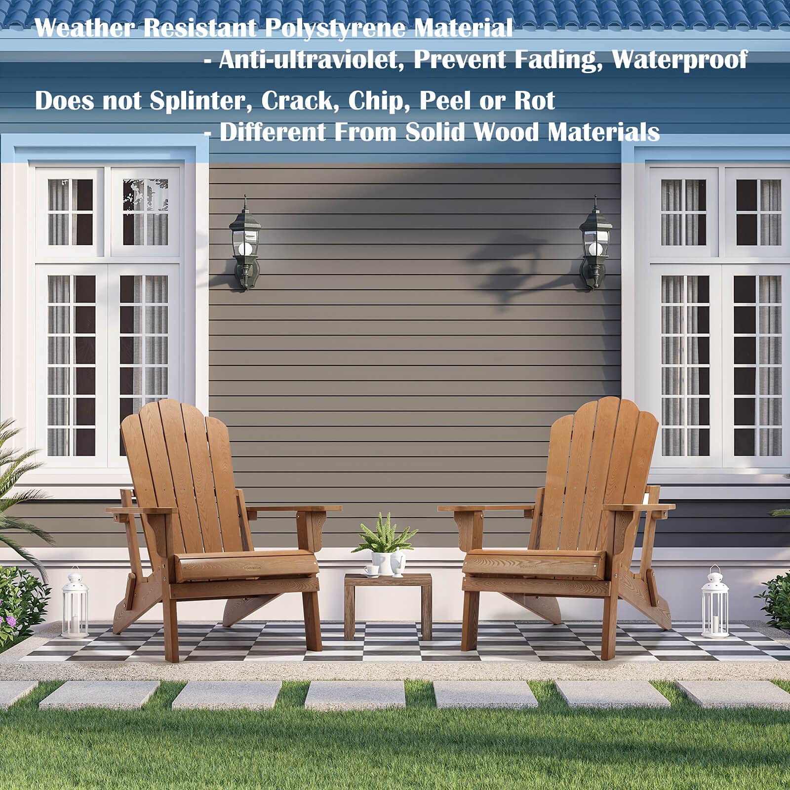 2 Pack Folding Adirondack Chairs - Weather-Resistant HIPS Plastic Outdoor Patio Furniture Set for Backyard, Deck, Fire Pit & Porch - Wood Grain Design (Perfect for Camping, Beach & Garden Relaxation)