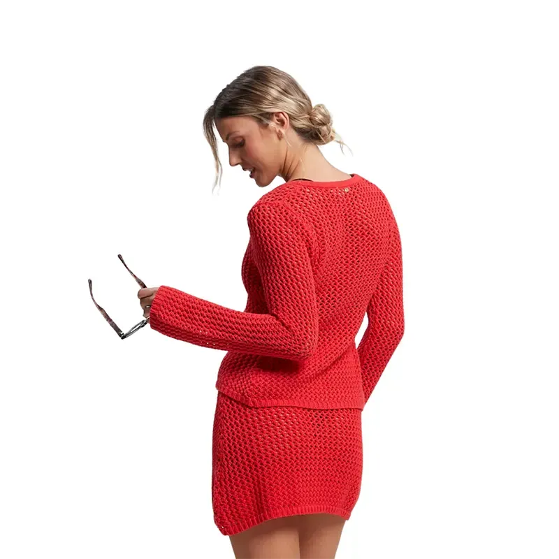 Stylish Rusty Amalfi Tie Front Knit Sweater in Rojo Red - Perfect for Casual Outings & Date Nights