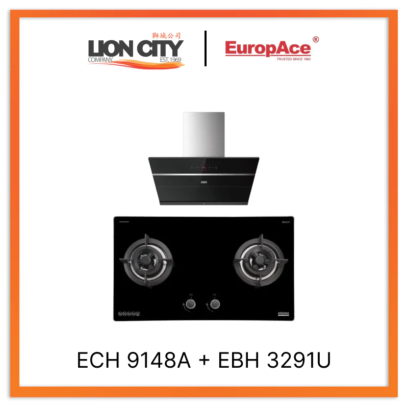 Europace ECH9148A 90cm Premium Inclined Range Hood + EBH3291U OTIMMO 2 Burner 90CM Stainless Steel Built-in Gas Cooktop - Perfect for Modern Kitchens & Professional Cooking