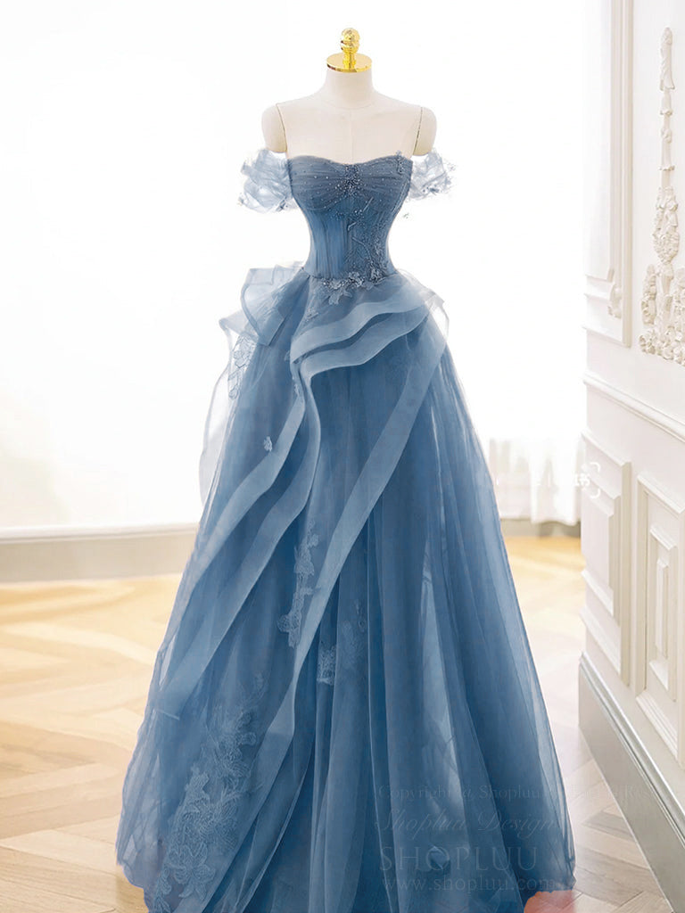 Elegant A-Line Off Shoulder Tulle Lace Long Prom Dress in Gray-Blue | Formal Evening Gown for Homecoming, Wedding, Quinceañera & Special Occasions
