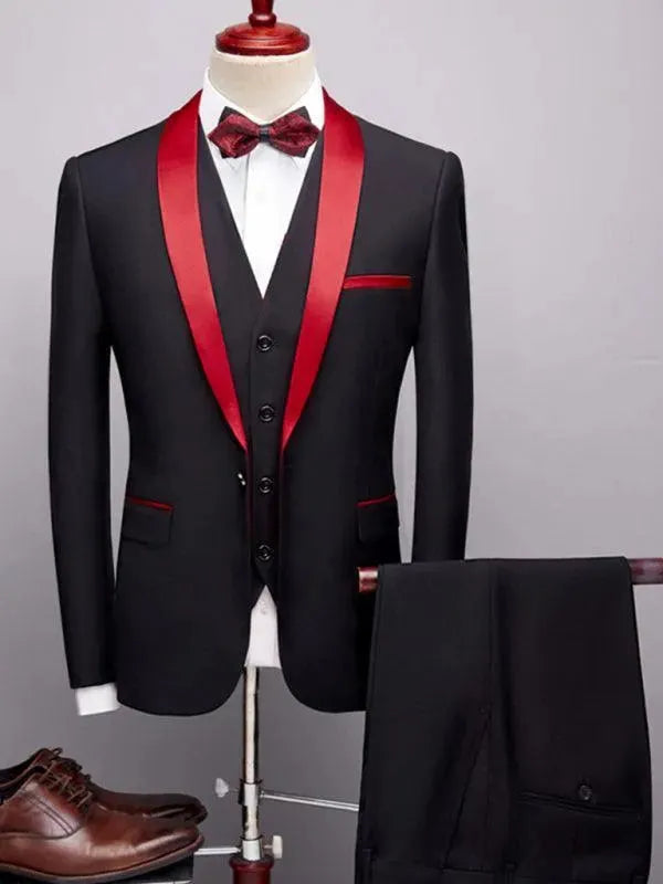 Elegant Red Lapel Collar Three-Piece Tuxedo Suit for Men - Perfect for Weddings, Prom, and Formal Events