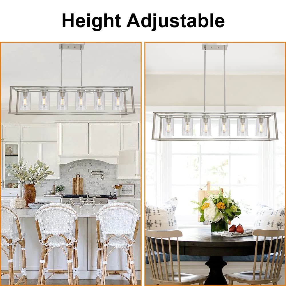 VINLUZ 6-Light Modern Chandelier Brushed Nickel Rectangular Pendant Light - Industrial Style Dining Room & Kitchen Island Lighting Fixture with Glass Shade | Perfect for Farmhouse, Restaurant and Open Concept Spaces