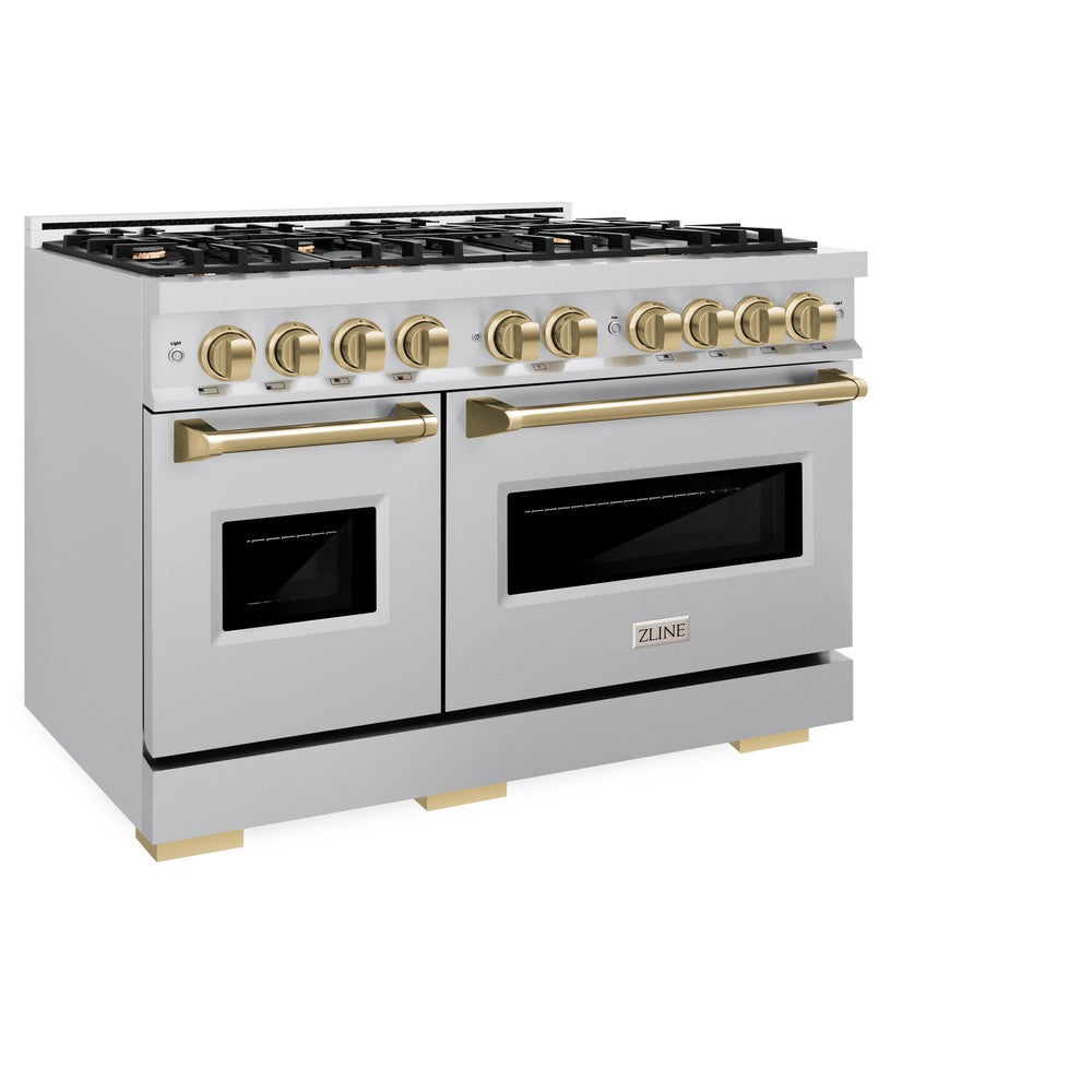 ZLINE Autograph Edition 48-inch 6.7 cu. ft. Classic Double Oven Dual Fuel Range with 8-Burner Gas Cooktop - Stainless Steel & Champagne Bronze Accents (CDRZ 48 CB) - Perfect for Professional Kitchens & Luxury Home Cooking