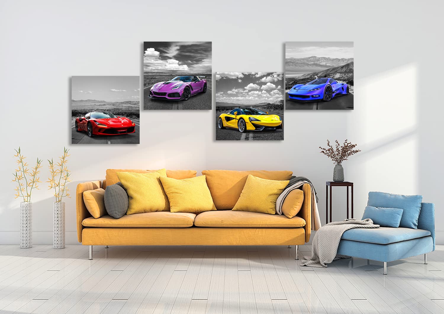 Black and White Sports Car Posters - Set of 4 Canvas Wall Art for Boys Room, Bedroom, Living Room & Office Decor - Ready to Hang - Perfect for Car Lovers & Man Cave Decor