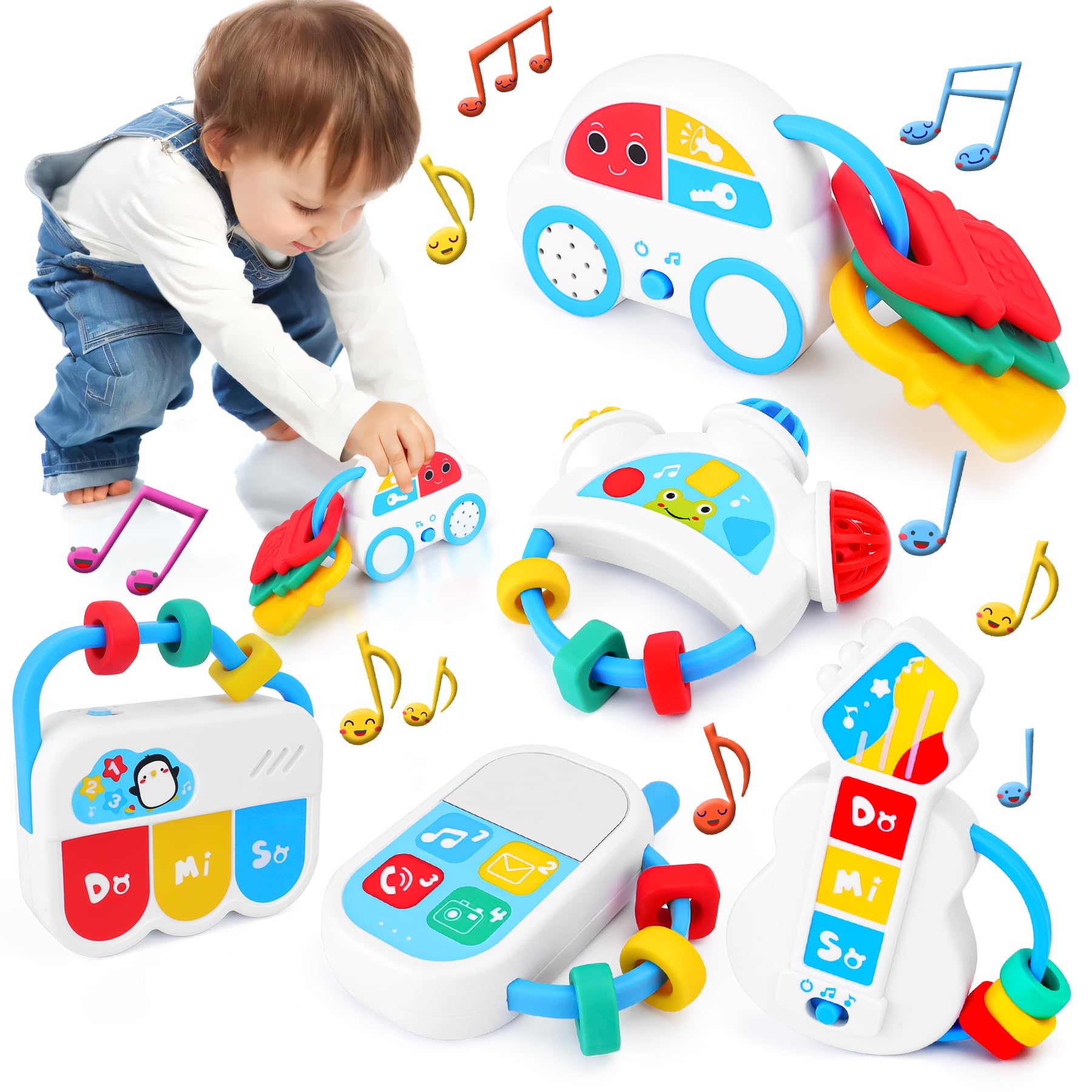 **5PCS Baby Rattle Teething Toys with Music - Montessori Sensory Toys for Infants 0-18 Months, Travel & Christmas Gifts for Boys & Girls | Perfect for Soothing, Learning & Playtime**