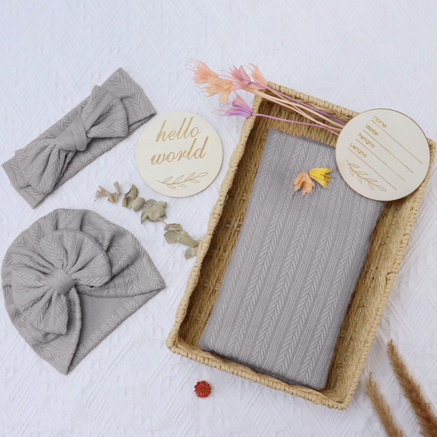 5PCS Baby Security Blankets - Soft Adjustable Wearable Swaddle Blankets for Newborns, 5-Piece Set with Hello World Wooden Birth Announcement Card, Perfect for Boys & Girls (Grey) - Ideal for Nursery, Swaddling, Stroller & Photo Shoots