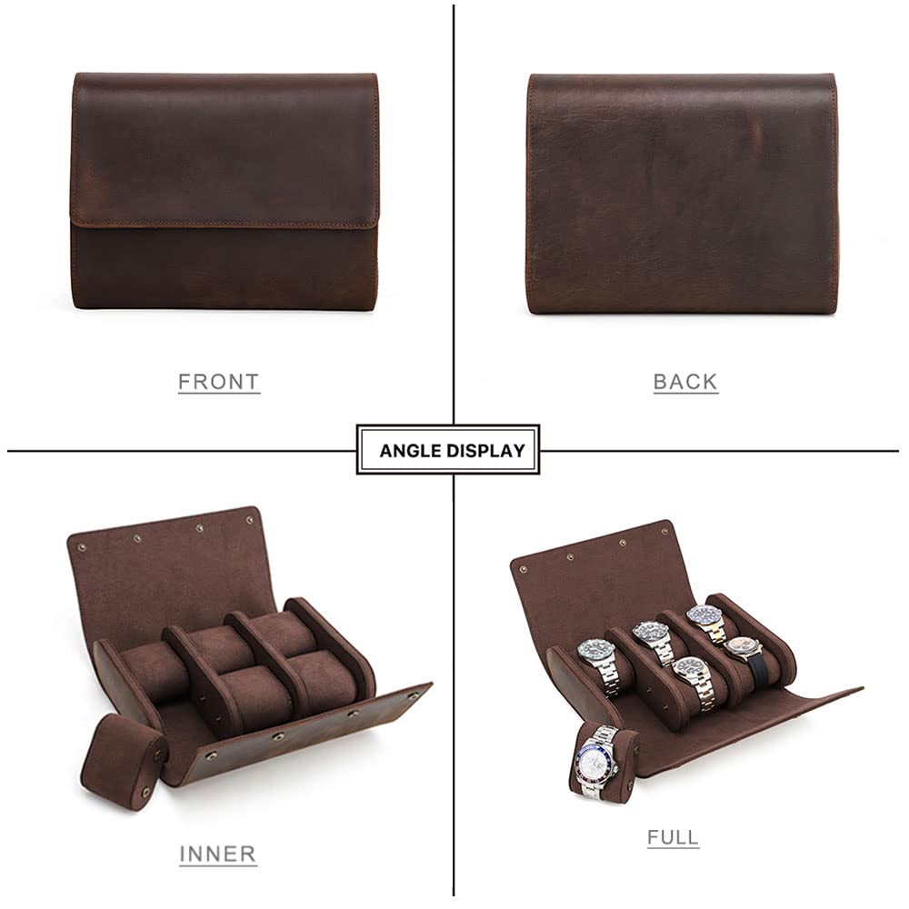 Premium Crazy Horse Leather Watch Box for Men - 6 Slot Travel Watch Organizer with Storage & Display Protector - Brown Watch Roll Pouch for Business Travel & Luxury Watch Collection