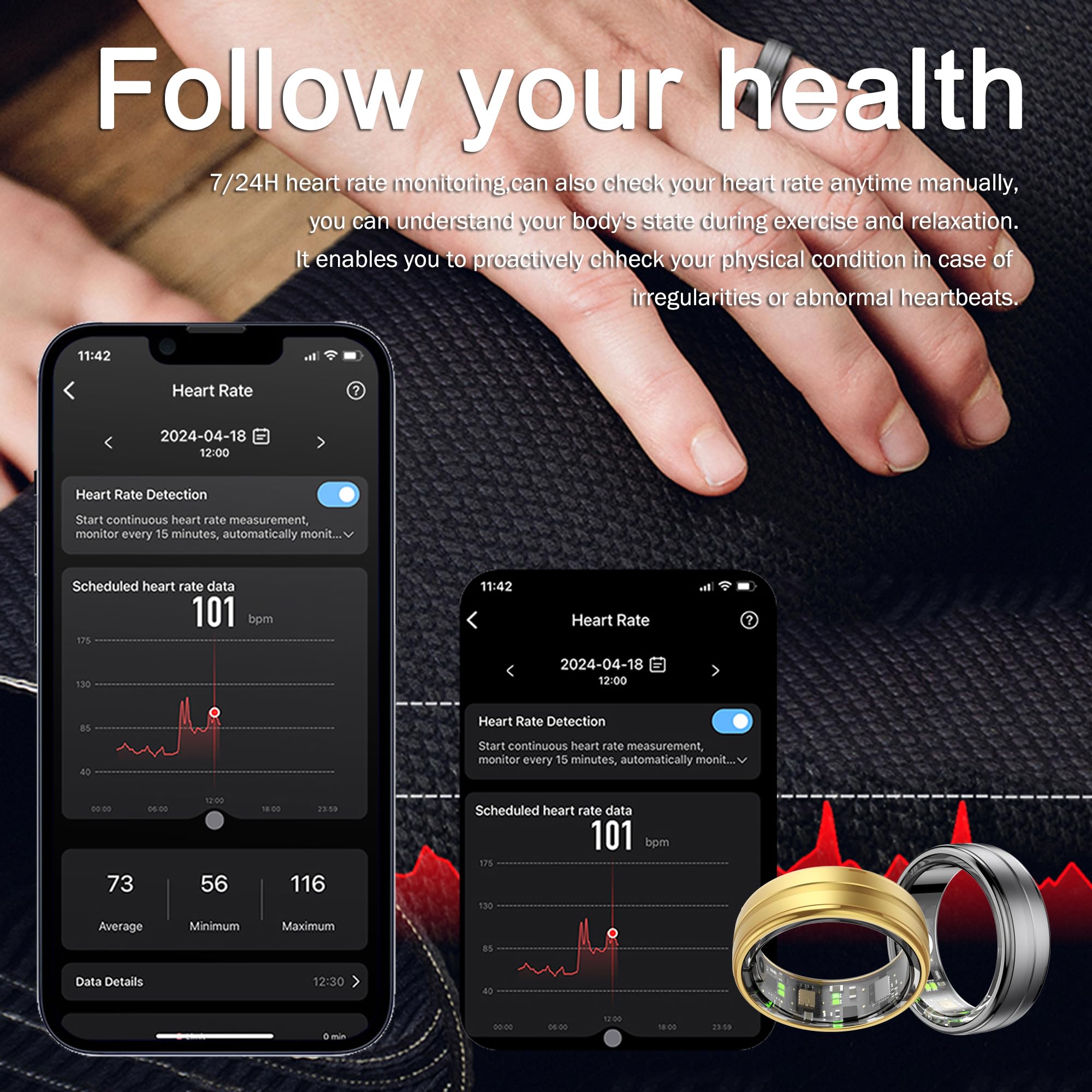 Findtime Smart Ring for Men & Women - Gold Fitness Tracker with Heart Rate, Blood Oxygen & Sleep Monitor - Compatible with Android & iOS - Track Time, Distance & Calories - Perfect for Sports, Workouts & Daily Health Monitoring