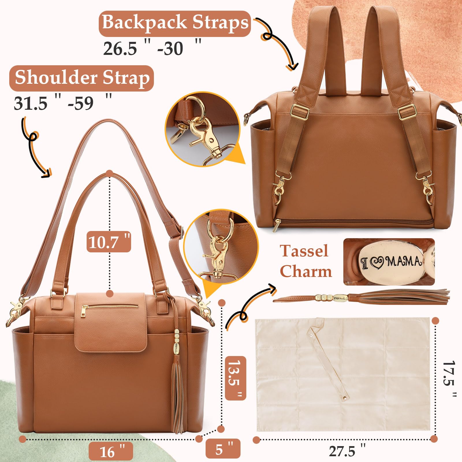 Premium Leather Diaper Bag Backpack - Large Tote with 14 Organizing Pouches, Changing Pad, Crossbody Straps & 4 Insulated Pockets (Brown) - Perfect for Baby Essentials, Travel & On-the-Go Parents