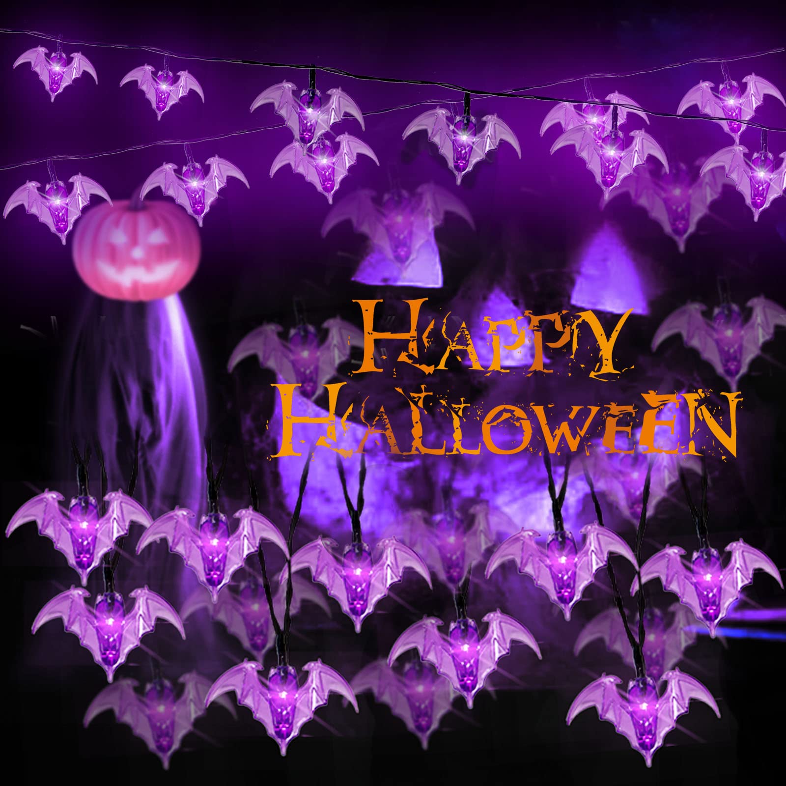 30 LED Bat String Lights 16 FT - Battery Operated Halloween Decorations with Timer for Party, Home, Yard, Outdoor & Indoor Use - Purple Halloween Lights for Spooky Atmosphere