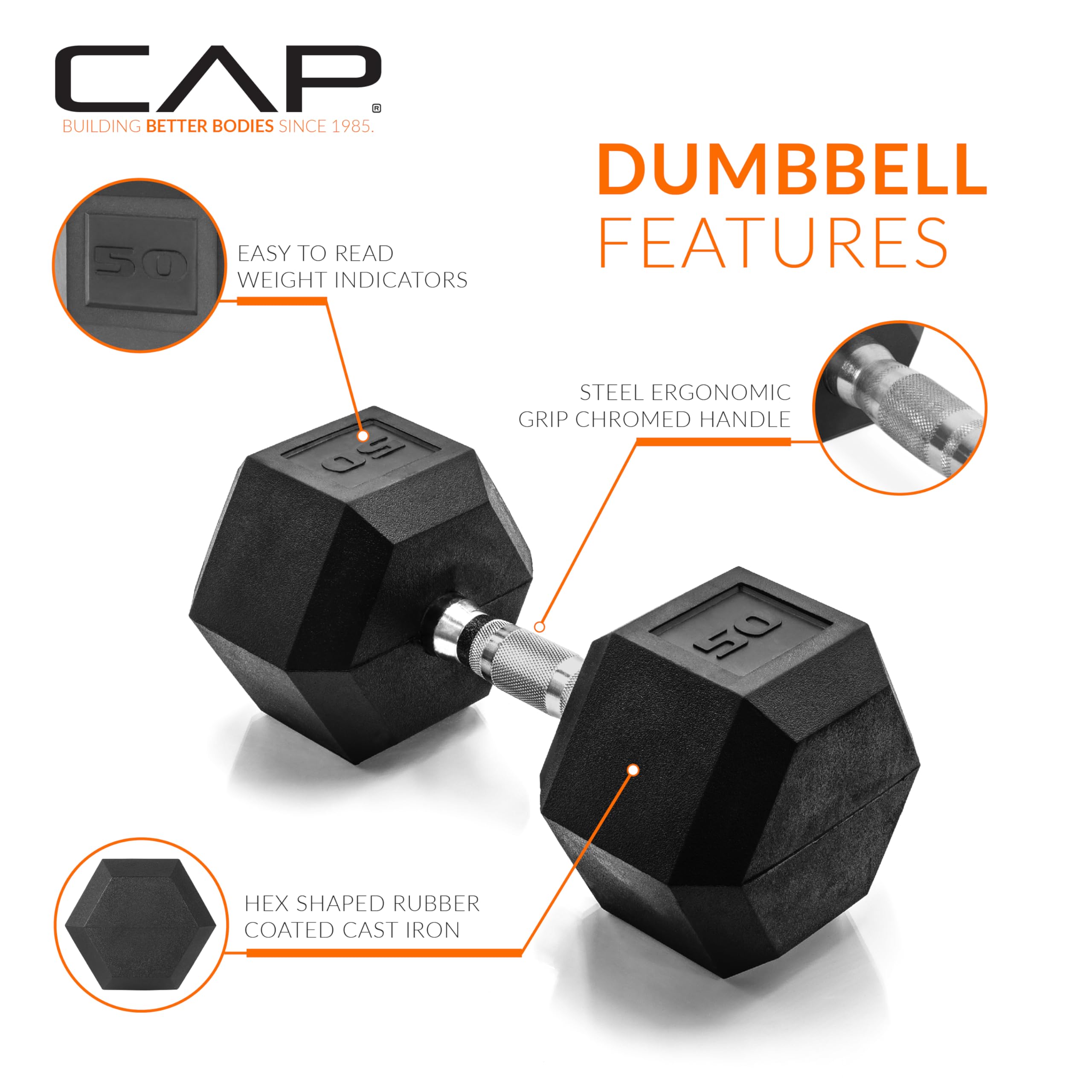 CAP Barbell Coated Dumbbell Set - 5-50lb Rubber Hex Weights for Home Gym & Strength Training | Multiple Size Options for Men & Women | Perfect for Weightlifting, CrossFit & Fitness Workouts