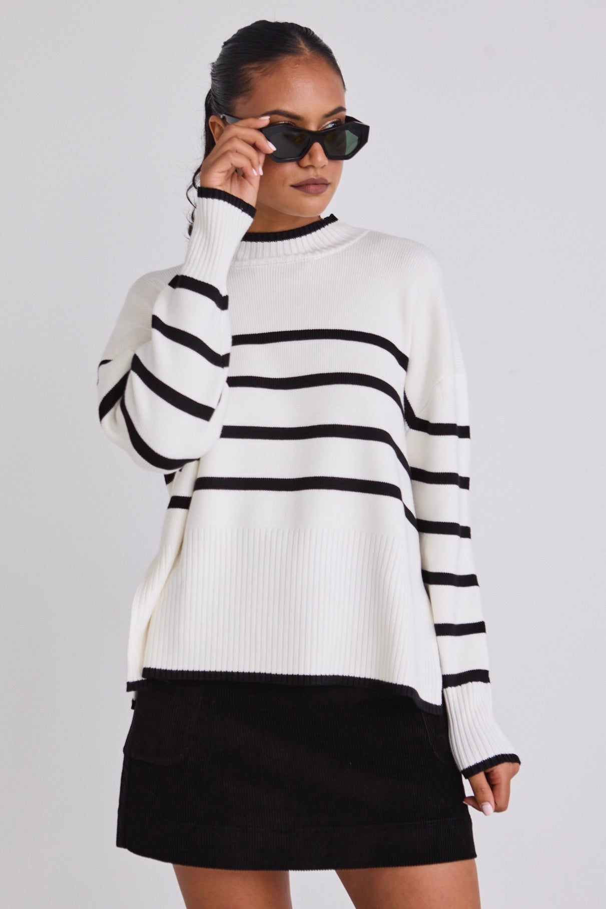 Ardent White Stripe Funnel Neck Jumper - Women's Chunky Knit Sweater for Fall & Winter | Cozy Office Wear & Casual Outfits