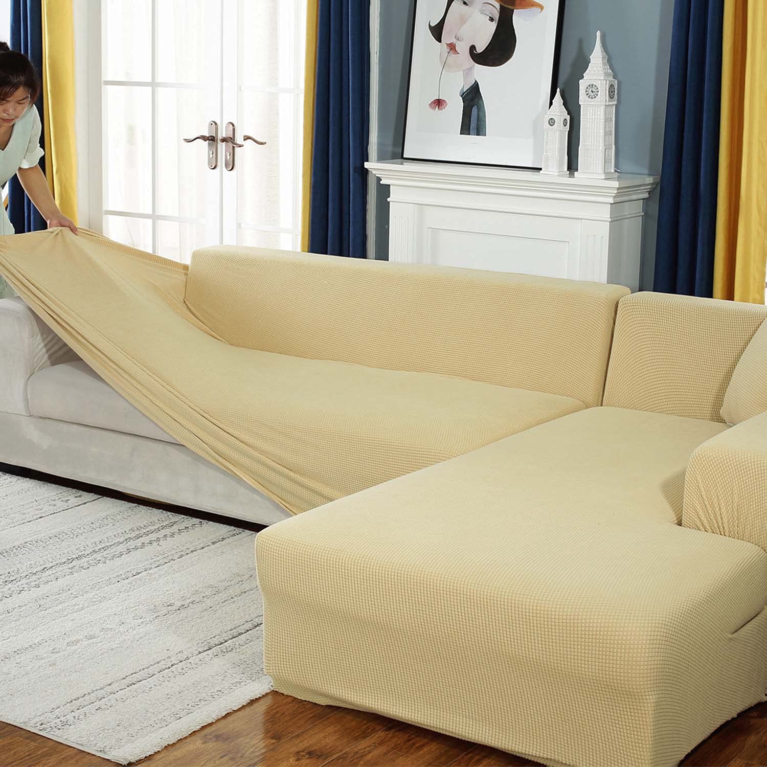 ZXJUN Thick Stretch Sofa Slipcover - Washable L-Shaped Sectional Couch Cover, Non-Slip Dust-Proof Furniture Protector for 4-Seat Sofas (235-300cm) - Perfect for Living Room, Family Room & Home Decor Protection