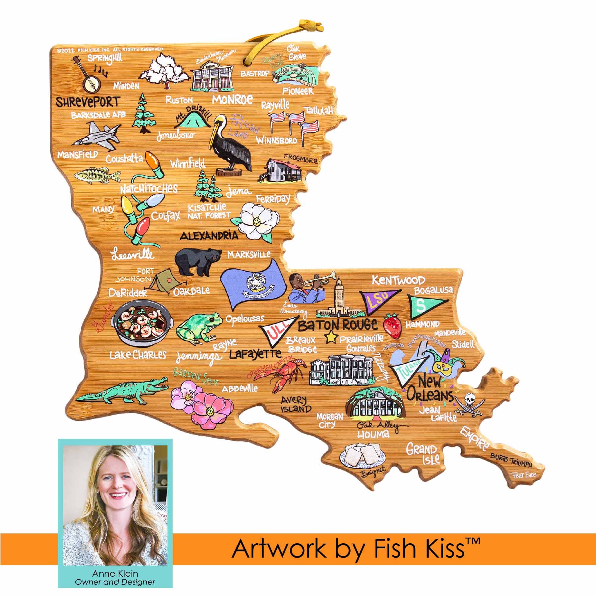 Louisiana Themed Wooden Cutting Board with Fish Kiss™ Artwork - Durable Kitchen Chopping Board for Meat, Vegetables & Fruits - Perfect for Home Cooking, BBQ & Gift Giving