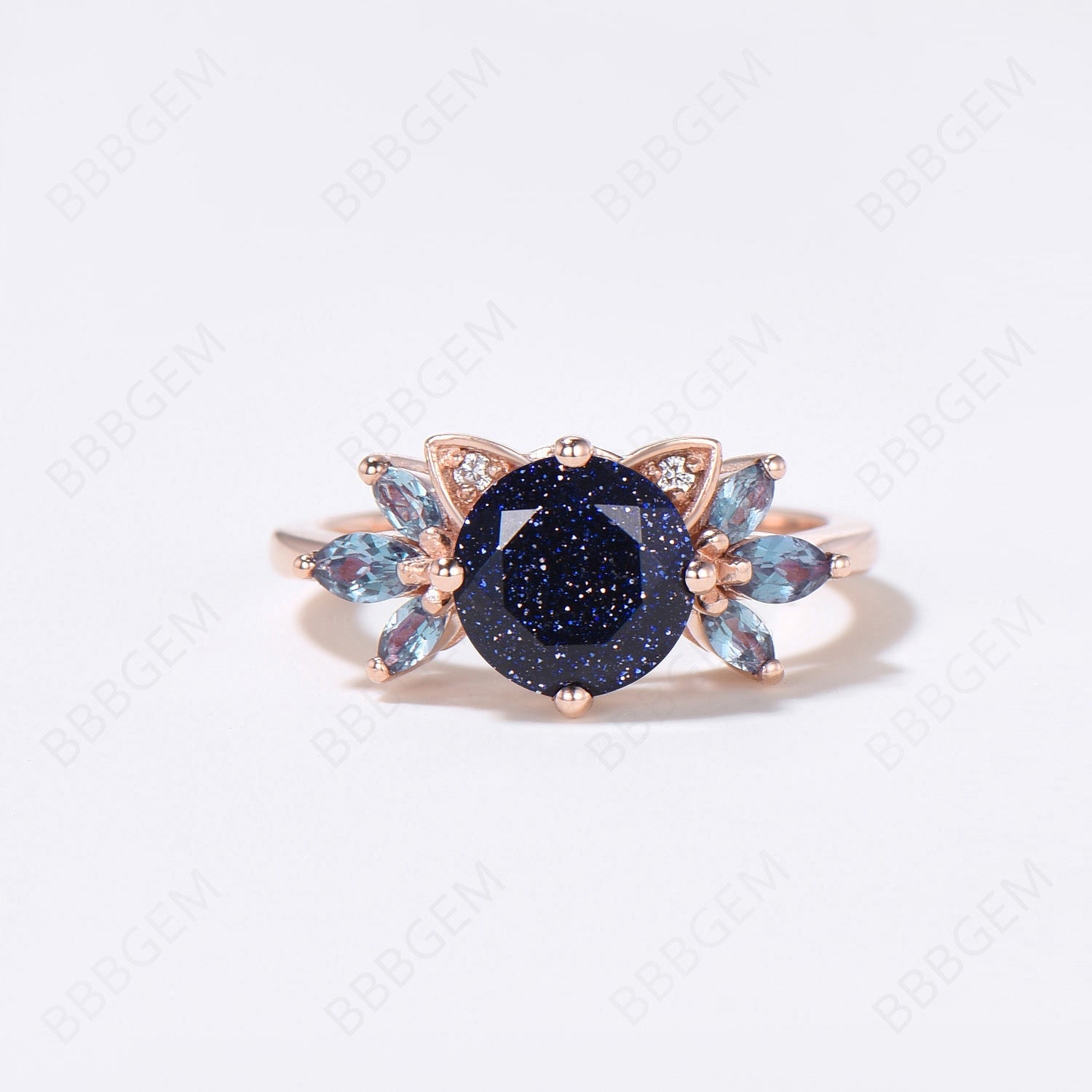7mm Round Blue Sandstone Cat Engagement Ring - Alexandrite Cluster Wedding Band for Cat Lovers | Unique Kitten Jewelry Gift for Her, Perfect for Proposals, Anniversaries & Special Occasions