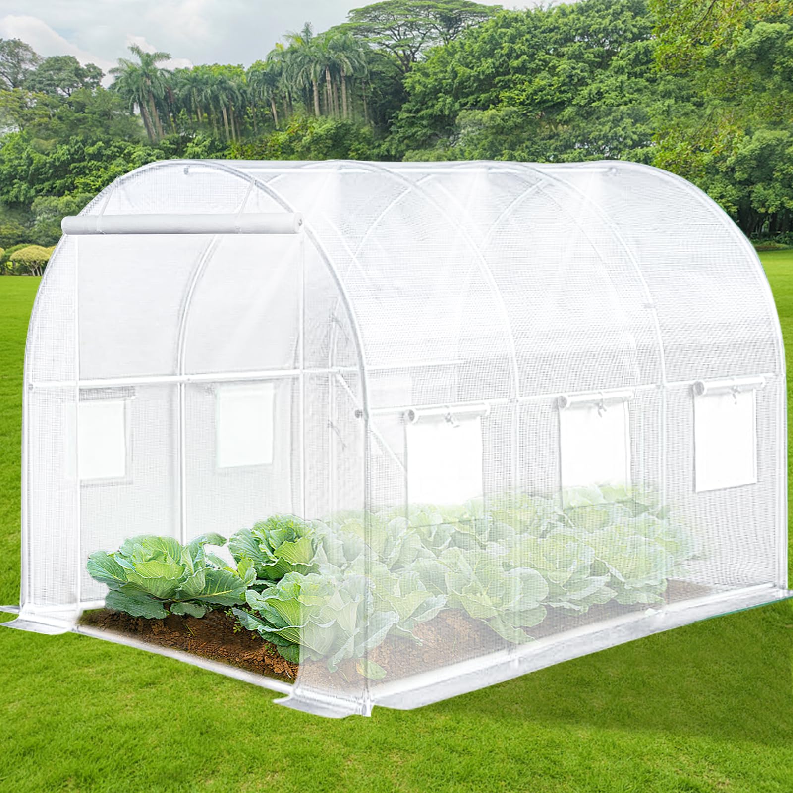 10'x7'x7' Walk-in Tunnel Greenhouse with Watering System - Heavy Duty Portable Plant Protection Cover for Gardening - 1 Zipper Mesh Door & 6 Roll-up Windows - Thickened Galvanized Steel Frame - Ideal for Backyard Gardening, Plant Nurseries, and Seasonal Crop Protection (White)