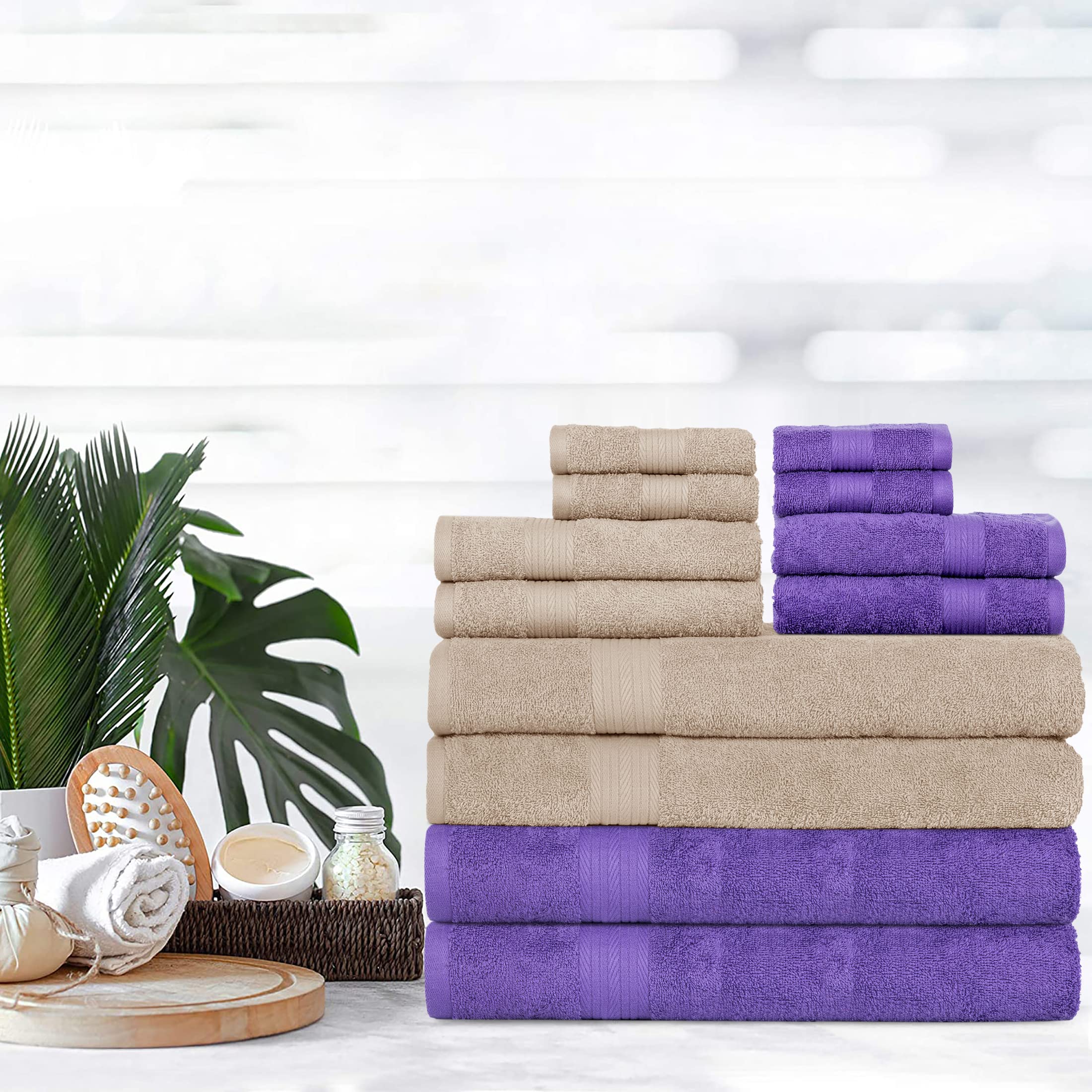 Premium 12-Piece Cotton Towel Set - 4 Bath Towels, 4 Hand Towels & 4 Washcloths | 600 GSM Ultra Absorbent & Soft | OEKO-TEX Certified | Machine Washable | Beige & Purple | Perfect for Spa, Guest Bathroom & Luxury Gifting