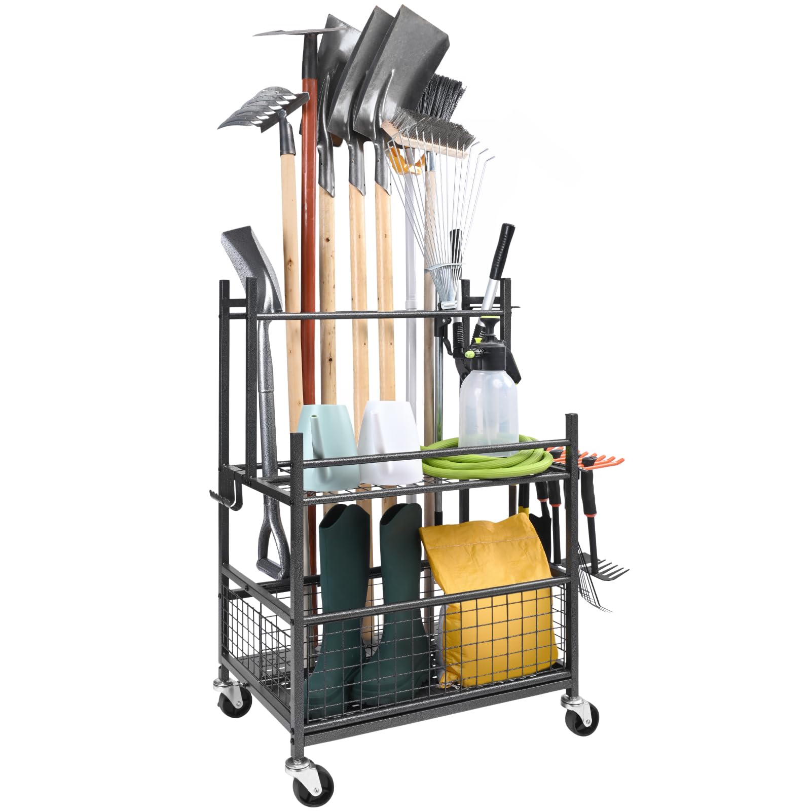 VEVOR 16-Slot Garden Tool Organizer with Hooks & Wheels - Heavy Duty Metal Yard Tool Tower Rack for Garage, Shed & Outdoor Storage - Perfect for Long-Handled Tools, Rakes & Brooms - Ideal for Home, Farm and Garden Organization