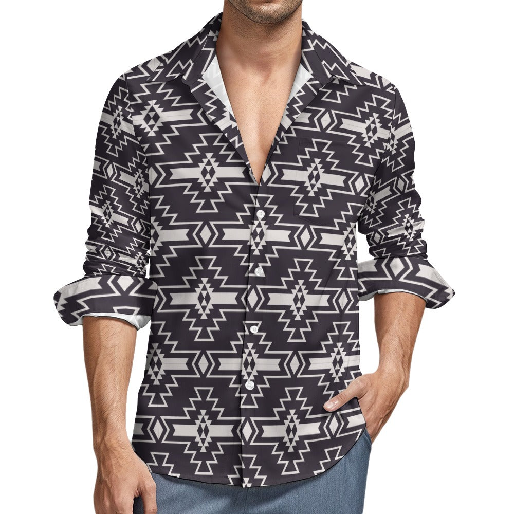 Aztec Print Casual One Pocket Long Sleeve Shirt for Men | Boho Style Tribal Pattern Top | Perfect for Festivals, Travel & Everyday Wear