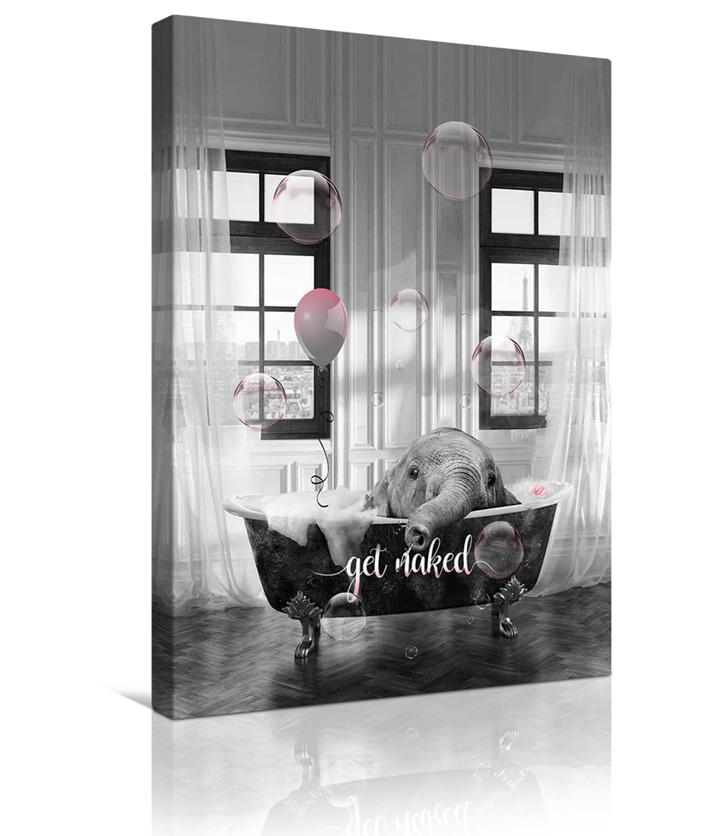 Funny Pink Bubble Bath Elephant Wall Art - Modern Black & White Framed Painting 12x16 Inch for Bathroom, Living Room & Bedroom Decor | Cute Animal Artwork for Spa, Nursery & Home Interior Design