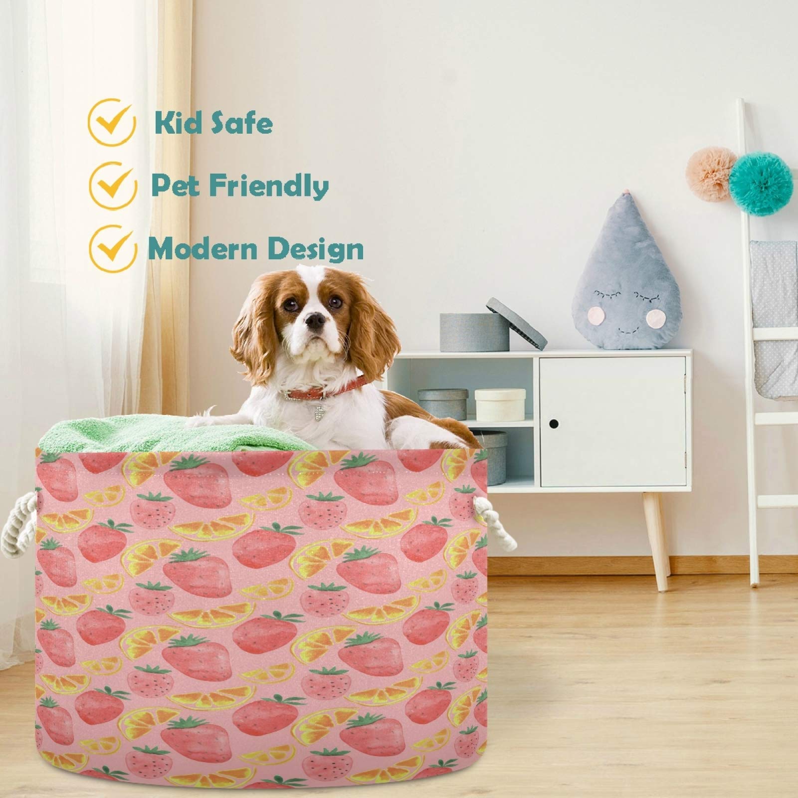 Visesunny Canvas Storage Basket - Strawberry & Lemon Print Toy Organizer Bin for Kids Room, Playroom, Shelves | Nursery Hamper, Laundry Basket, Gift Basket | Perfect for Organizing Toys, Clothes & Decor