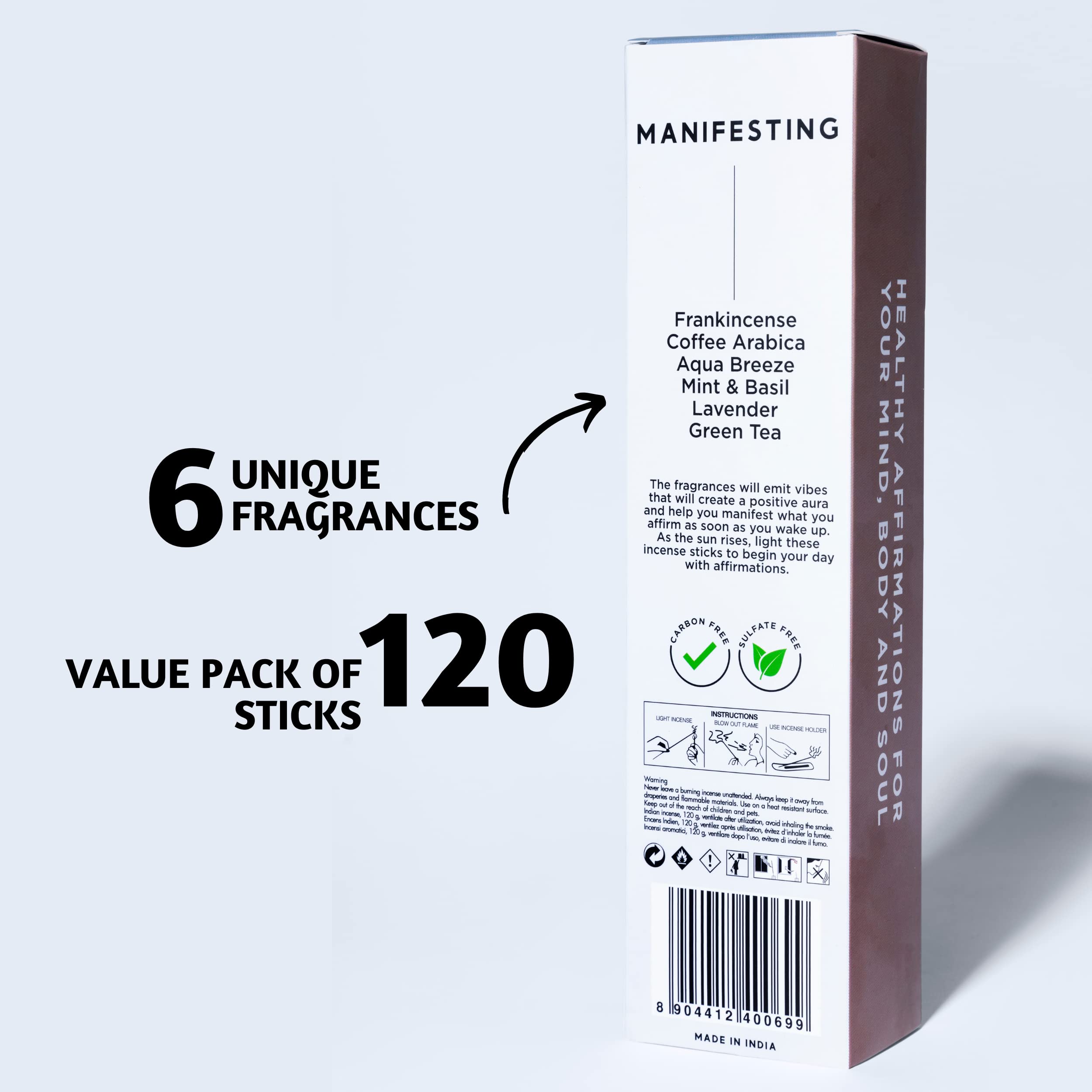 Folkulture Incense Sticks Set - 6 Scents (120 Sticks) for Meditation & Relaxation - Frankincense, Coffee, Aqua Breeze, Mint Basil, Lavender, Green Tea - Perfect for Home, Yoga, Spa & Valentine's Day Gifts for Her
