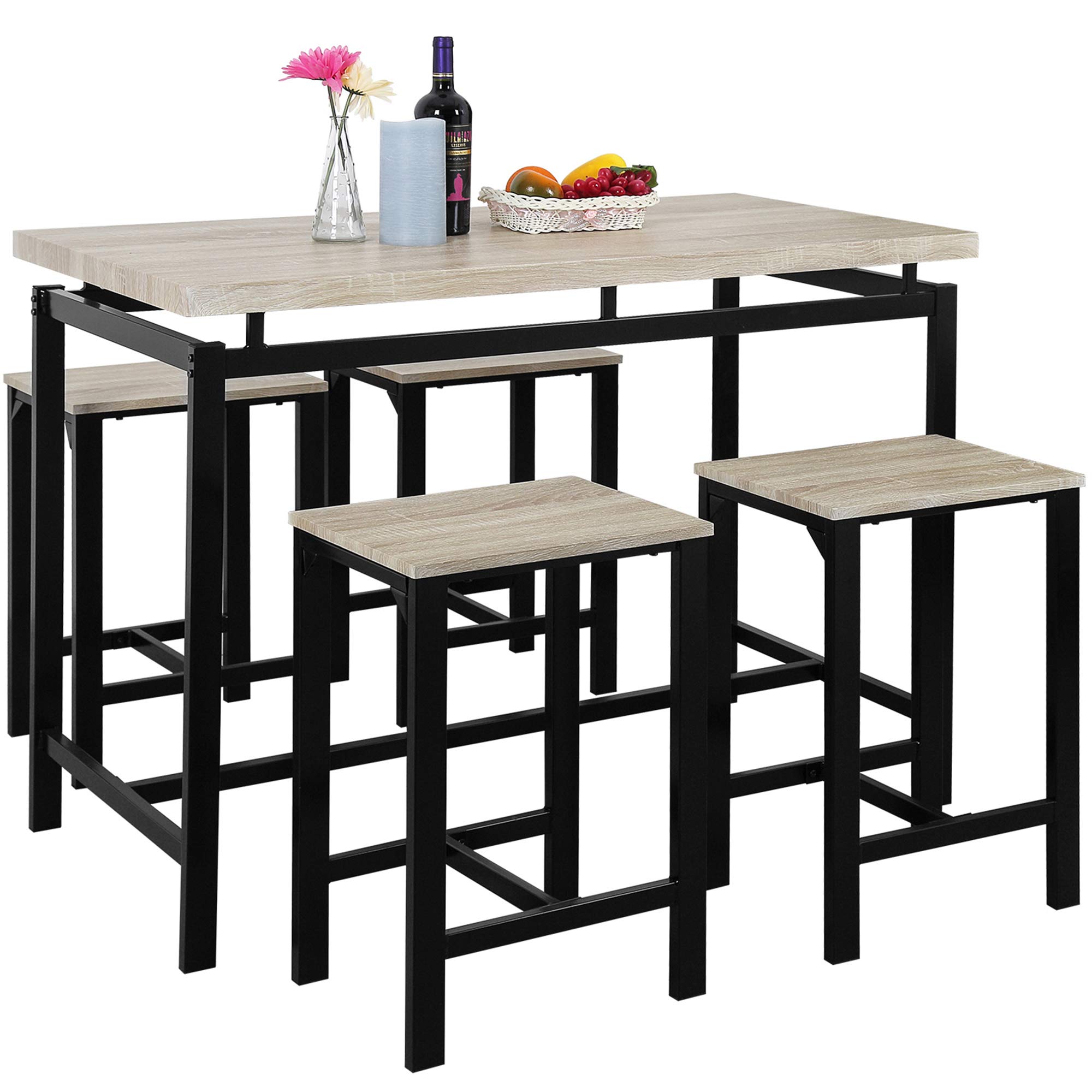 MTFY 5-Piece Modern Counter Height Bar Dining Set - Wooden Kitchen Table & 4 Chairs with Metal Legs for Small Spaces - Perfect for Home Kitchen, Breakfast Nook & Apartment Dining Areas