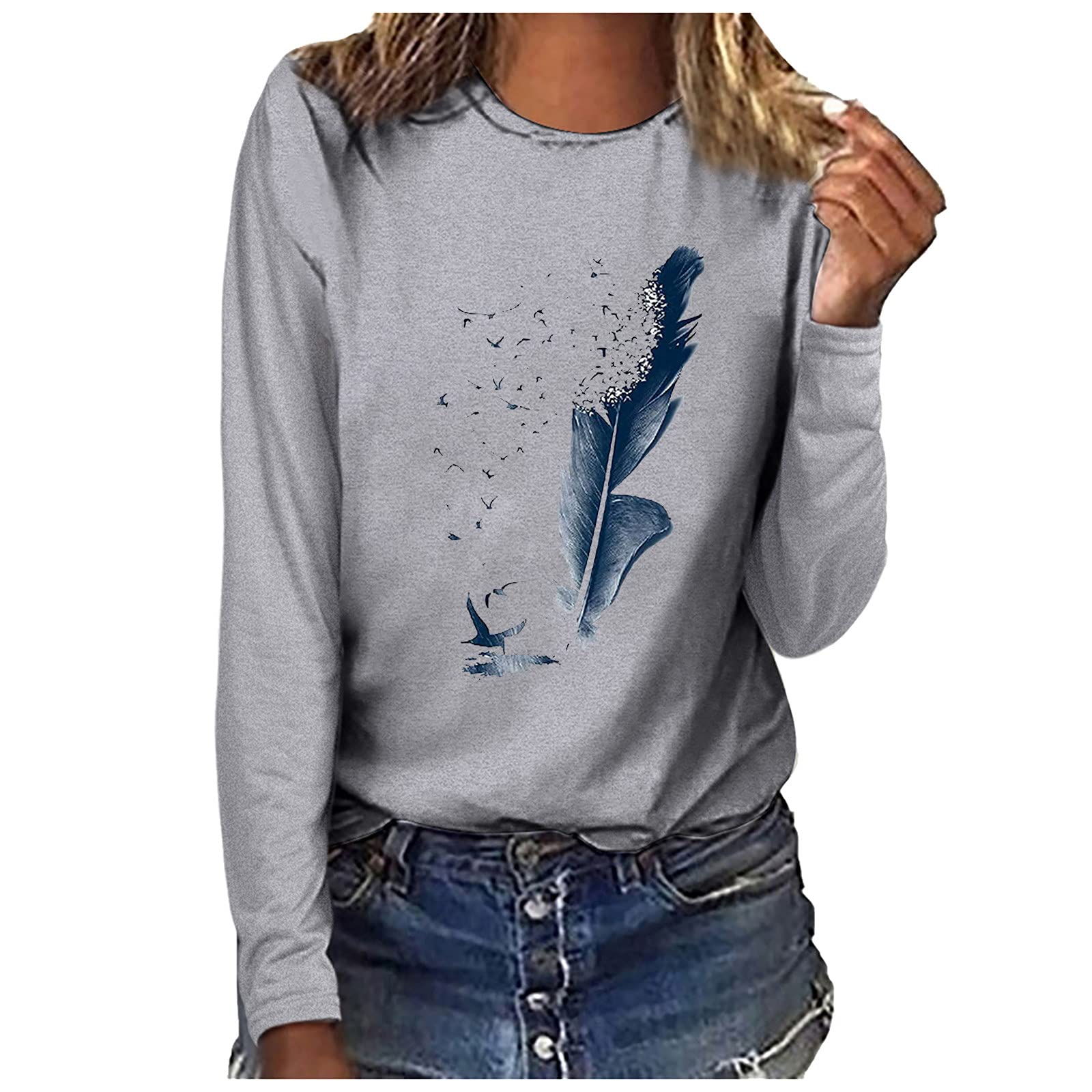 Women's Printed Long Sleeve Crewneck Graphic T-Shirts - Casual Loose Fit Blouses & Tops for Everyday Wear, Work, and Weekend Outings