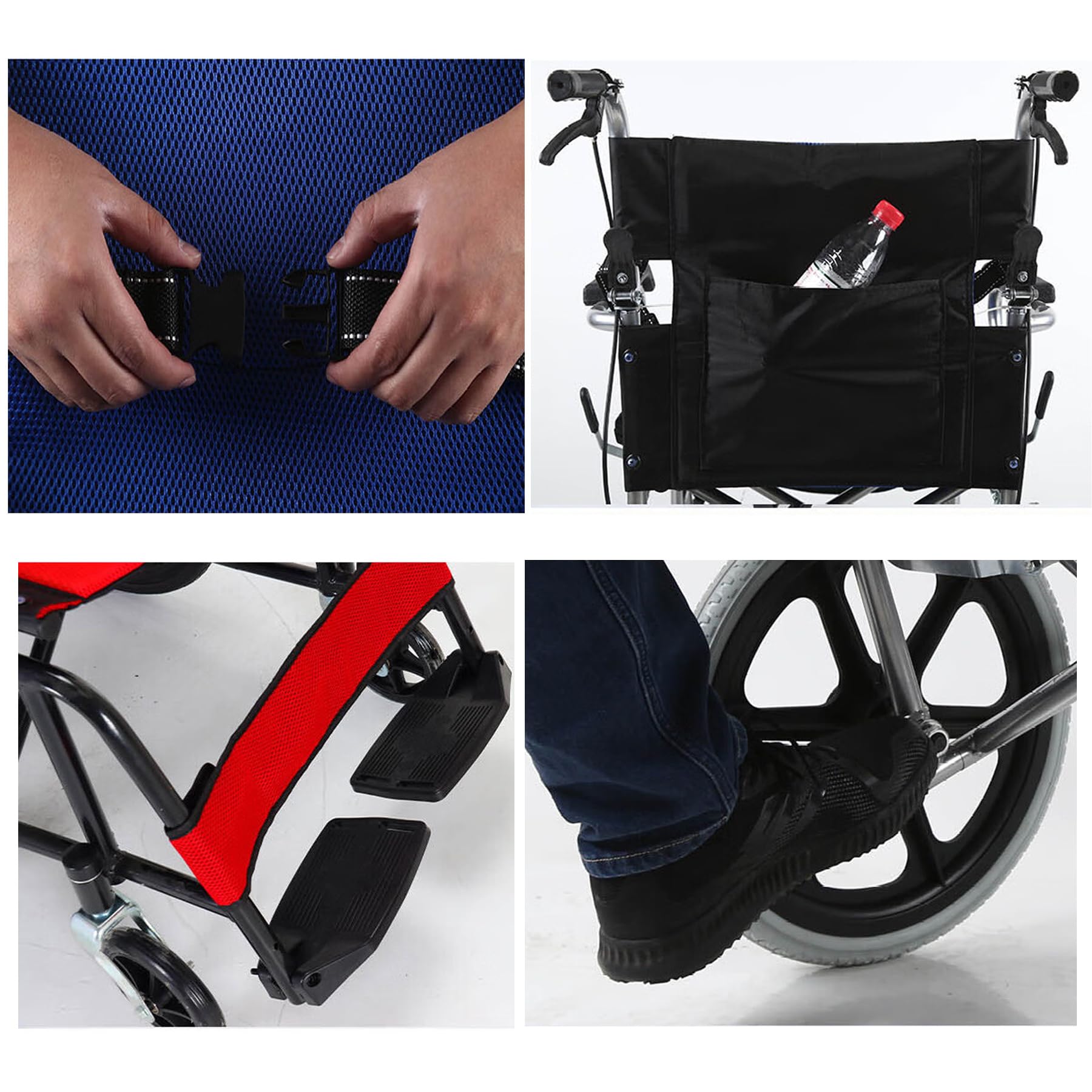 Ultra-Lightweight Folding Wheelchair with Handbrake - Portable Transport Wheelchair for Adults & Elderly - Breathable Seat Cushion & Foldable Footrest - Ideal for Travel, Hospitals, and Home Use - Red
