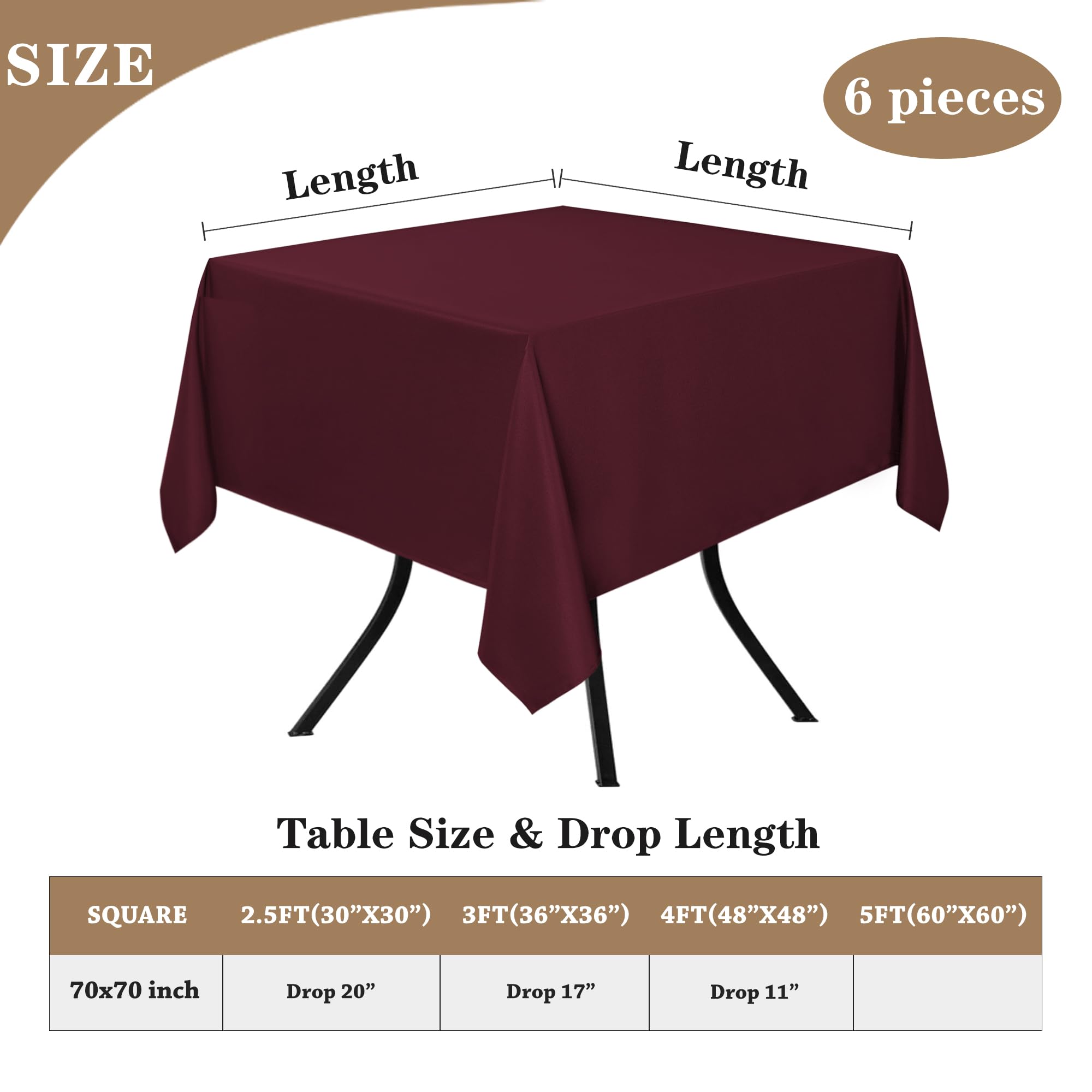 Stain-Resistant 70x70 Inch Square Tablecloths - 6 Pack Burgundy Polyester for Dining & Coffee Tables