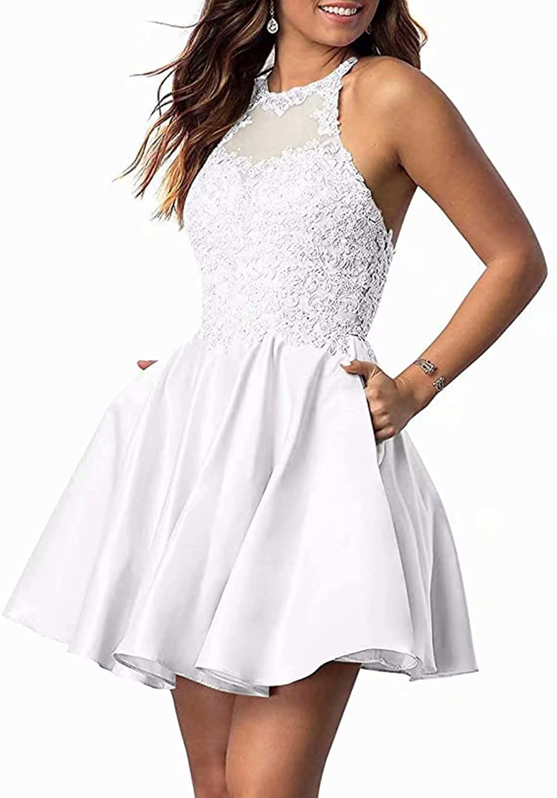 Elegant Women's Short Homecoming Dresses - Halter Neckline with Beaded Applique, Sleeveless Party Dress with Pockets for Juniors | Perfect for Prom, Homecoming, Cocktail Parties & Special Occasions