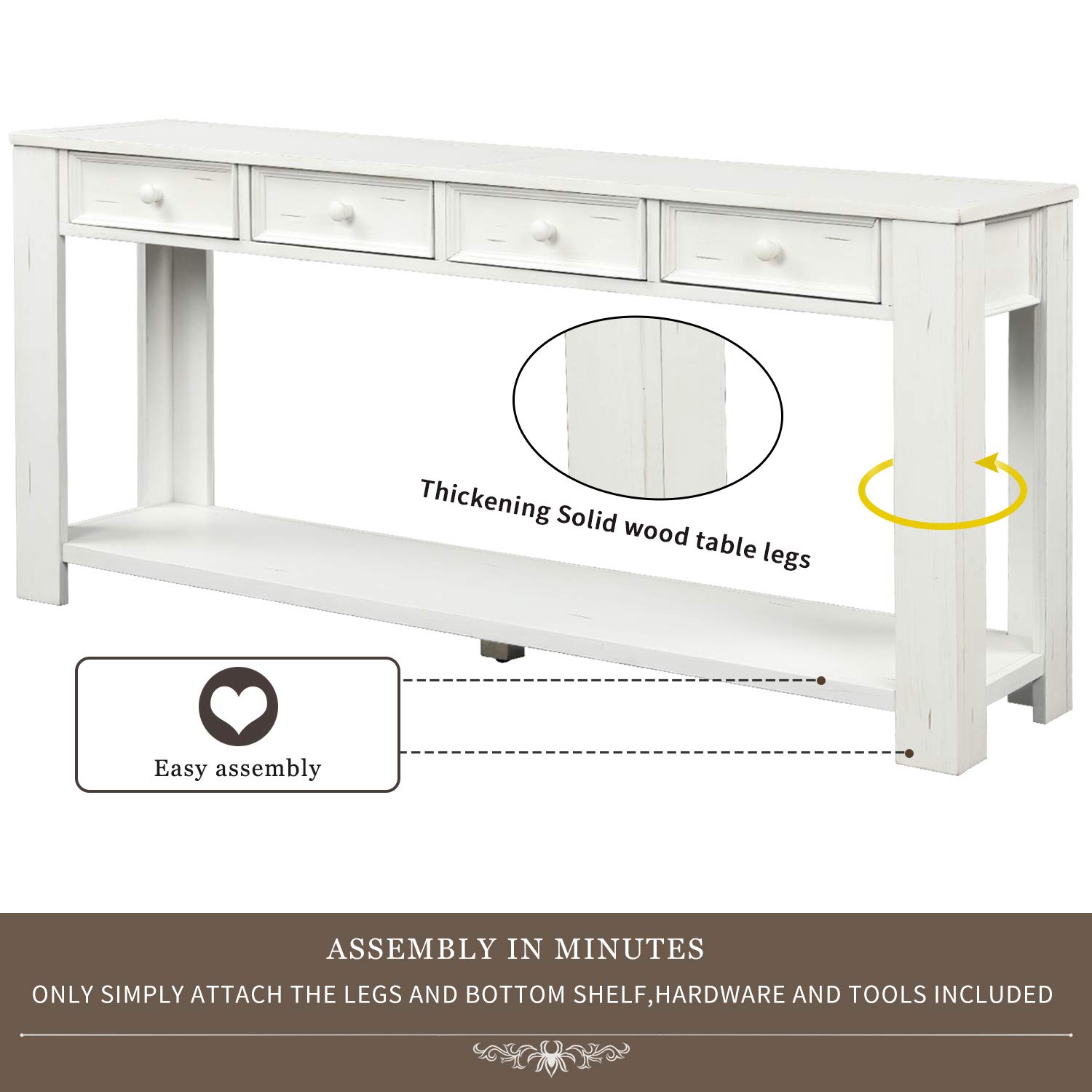 Modern Solid Wood Console Table with 4 Drawers & Shelf - Sturdy Entryway Sofa Table for Living Room, Bedroom, Hallway - Multifunctional Storage Side Table (White) - Perfect for Small Spaces, Home Decor & Organizing Keys, Books, Decor Items