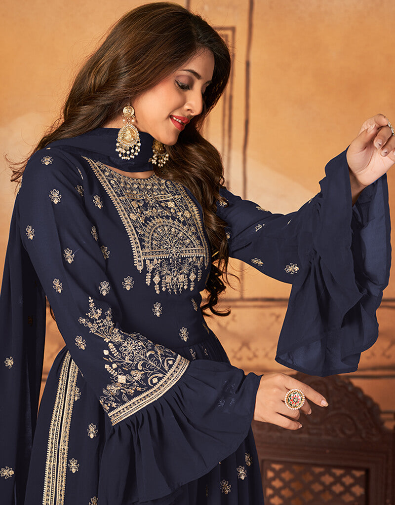 Blue Fox Georgette Sharara Salwar Suit for Women - Elegant Indian Ethnic Outfit for Weddings, Festivals & Special Occasions