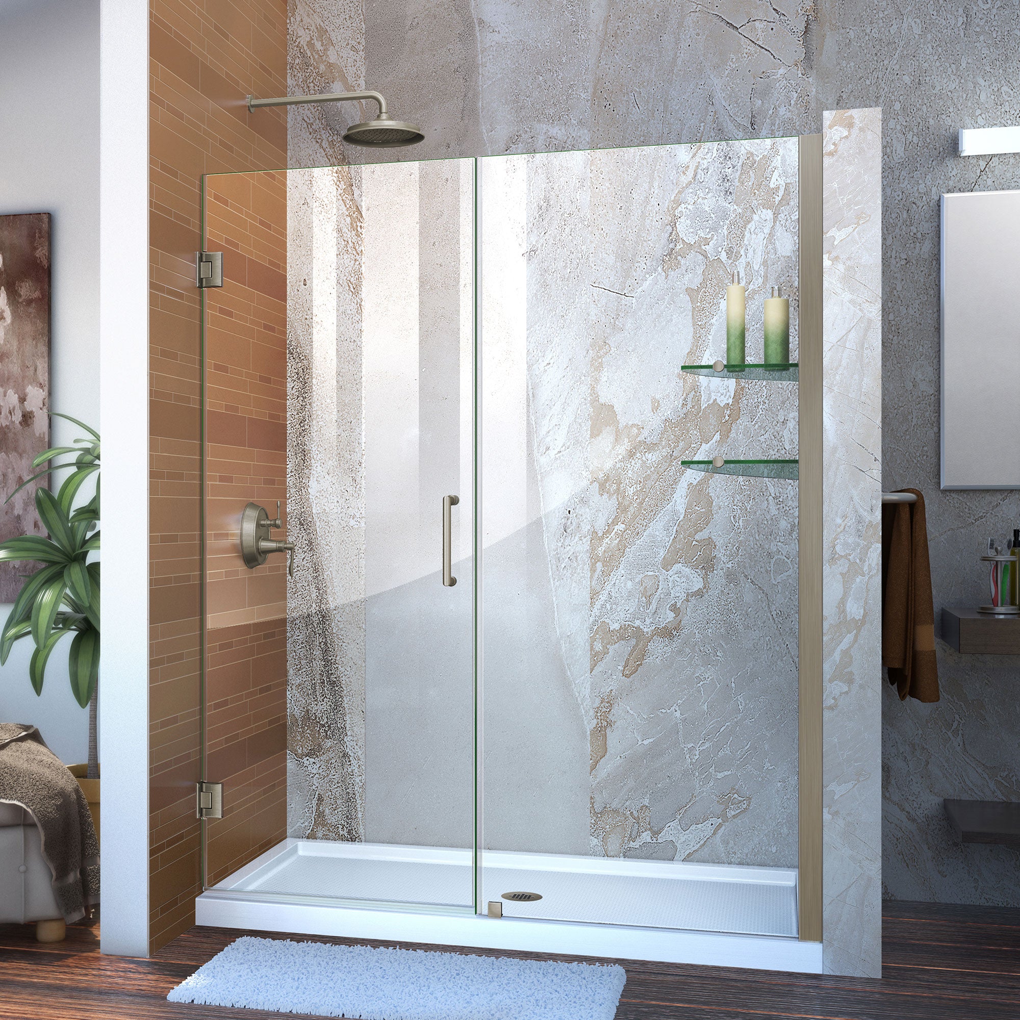 DreamLine Unidoor 56-57 Inch W x 72 Inch H Frameless Hinged Shower Door with Built-in Shelves - Clear Tempered Glass - Perfect for Modern Bathroom Renovations & Spa-Like Showers