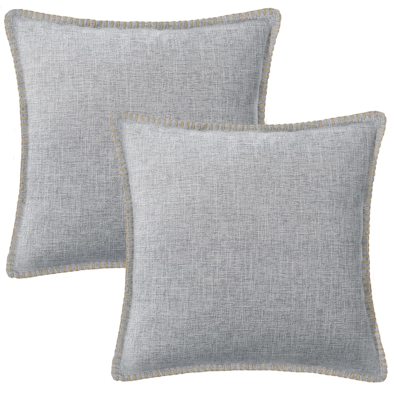 decorUhome Set of 2 20x20 Inch Square Linen Outdoor Throw Pillow Covers - Rustic Farmhouse Decorative Cushion Covers with Stitched Edge for Patio, Garden, Porch, Couch & Sofa - Light Grey Home Decor
