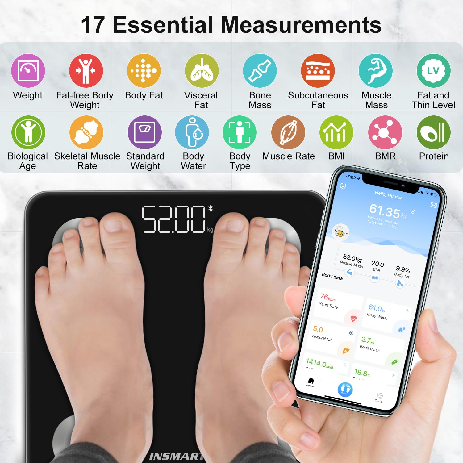 INSMART Smart Body Weight Scale - Digital Bathroom Scale with BMI, Muscle Mass & Bluetooth Body Fat Analyzer, 17 Body Composition Metrics, Smart App Sync, 400 lbs Capacity - Black - Perfect for Home Gym, Fitness Tracking & Health Monitoring