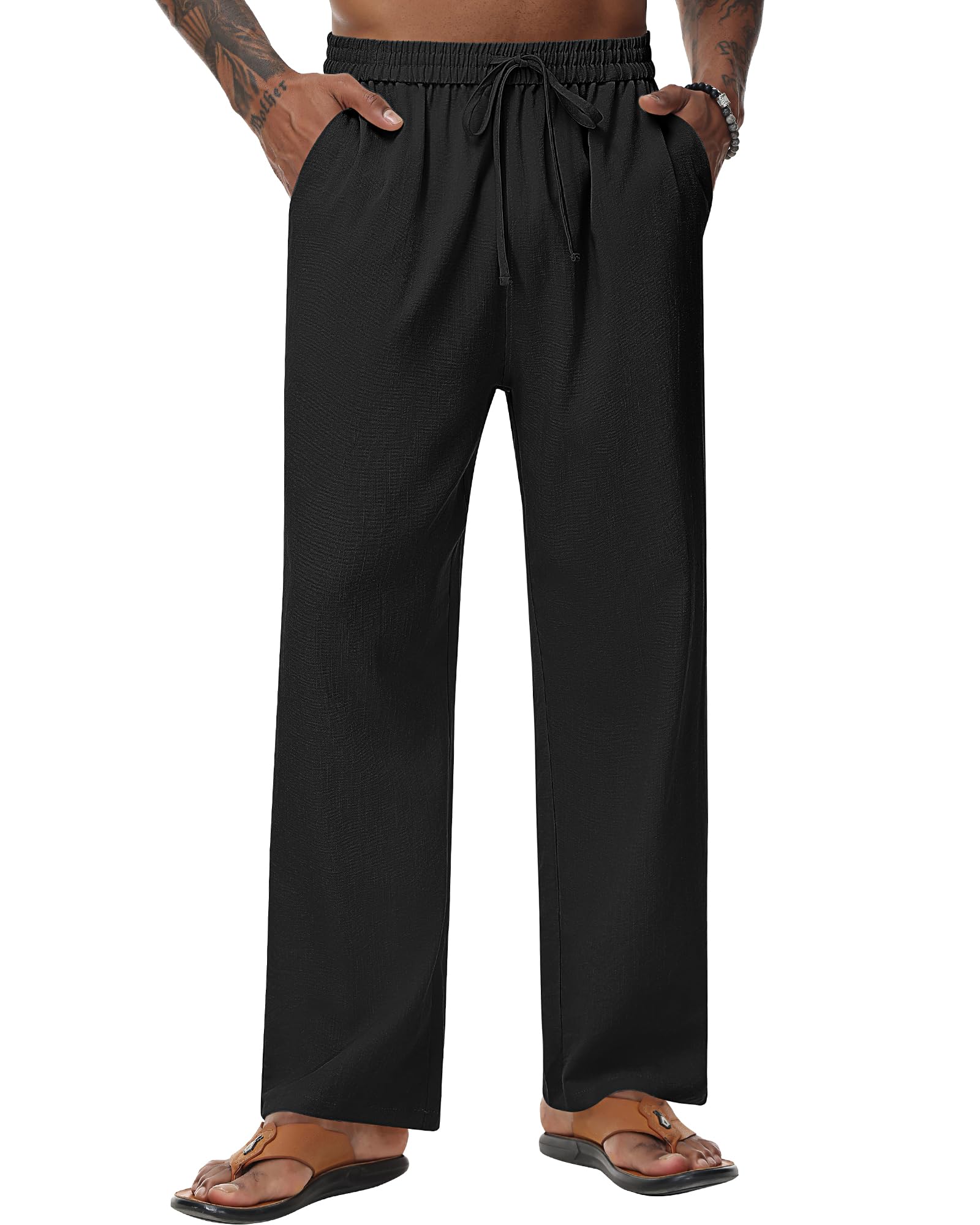2 Pack Men's Linen Pants - Breathable Casual Pants with Pockets, Lightweight Elastic Waist Lounge Pants for Yoga, Travel & Home Wear | Summer Comfort Wear for Men