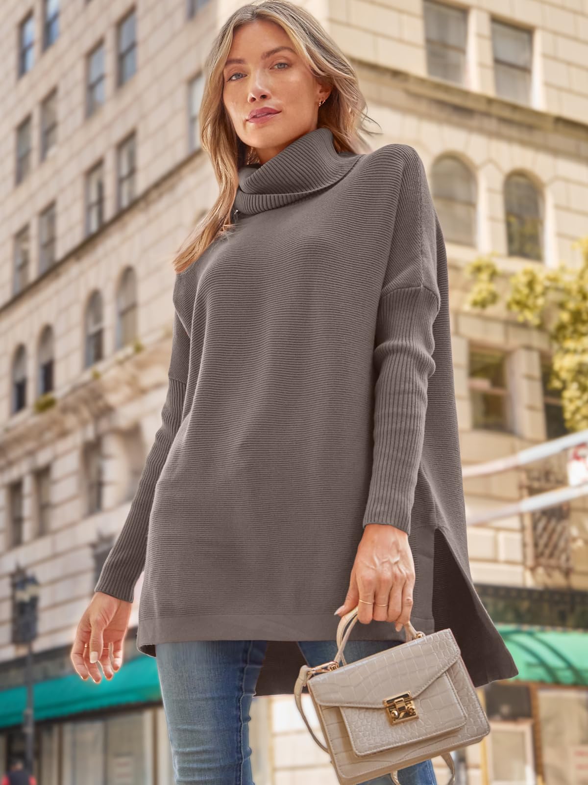 LILLUSORY Women's Oversized Turtleneck Sweater - Long Batwing Sleeve Split Hem Knit Pullover Top for Casual Wear & Winter Fashion
