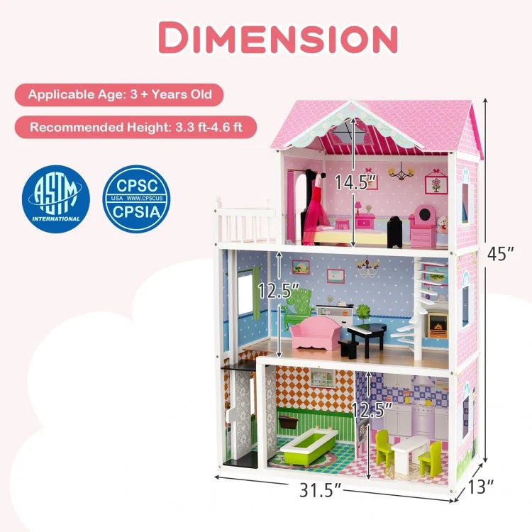 Pink Wooden Dollhouse with Functional Elevator & Rotating Staircase - Perfect for Kids' Pretend Play & Room Decor